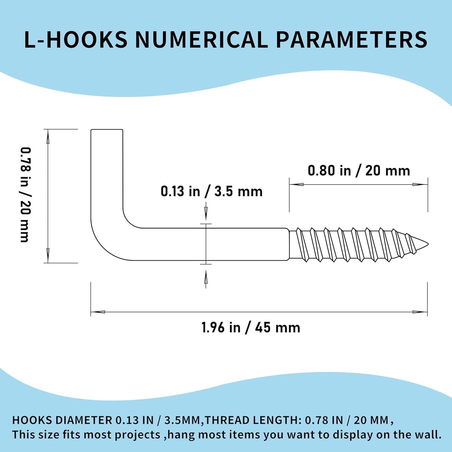 304 Stainless Steel 2 in Screw-in Hooks 60 Pcs,7 Shape Screw Hooks,Right Angle Medal Hooks l Shaped Screw in Hooks for Hanging