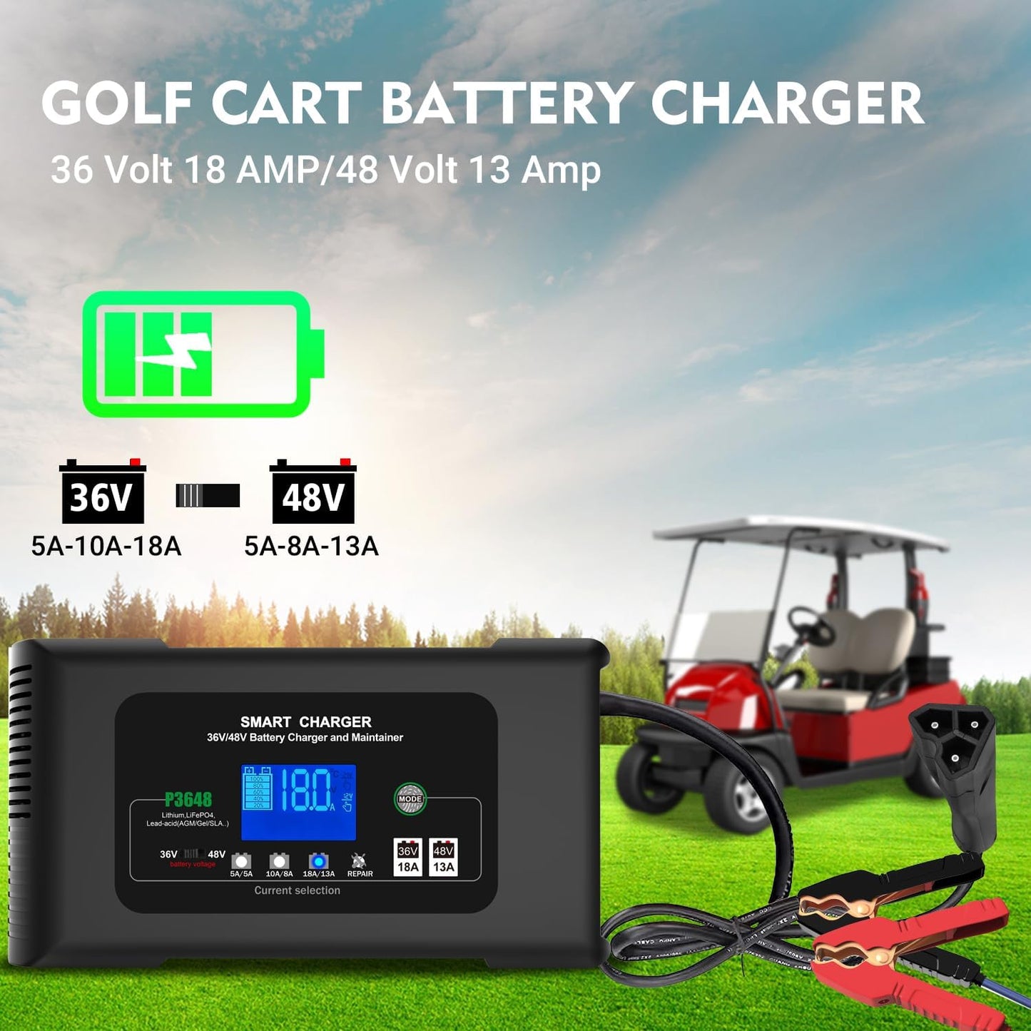 Golf cart Battery Charger, 48V 13A and 36V 18A Trickle Charger,48 Volt Golf Charger,for EZGO RXV&TXT Smart Charger,Lithium,LiFePO4,Lead-Acid AGM/Gel/SLA..Battery Chargers,3-Pin (Delta-Q)