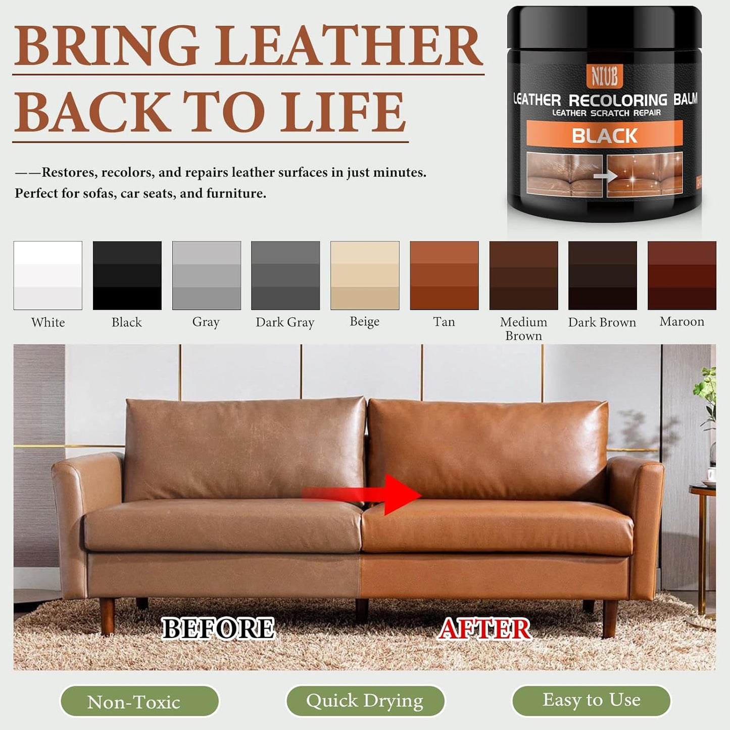 Leather Recoloring Balm Leather Color Restorer Scratch Repair Leather Paint for Furniture Couches Car Seats Shoes Bags Leather Dye and Restorer Restores Faded and Scratched Leather-Black