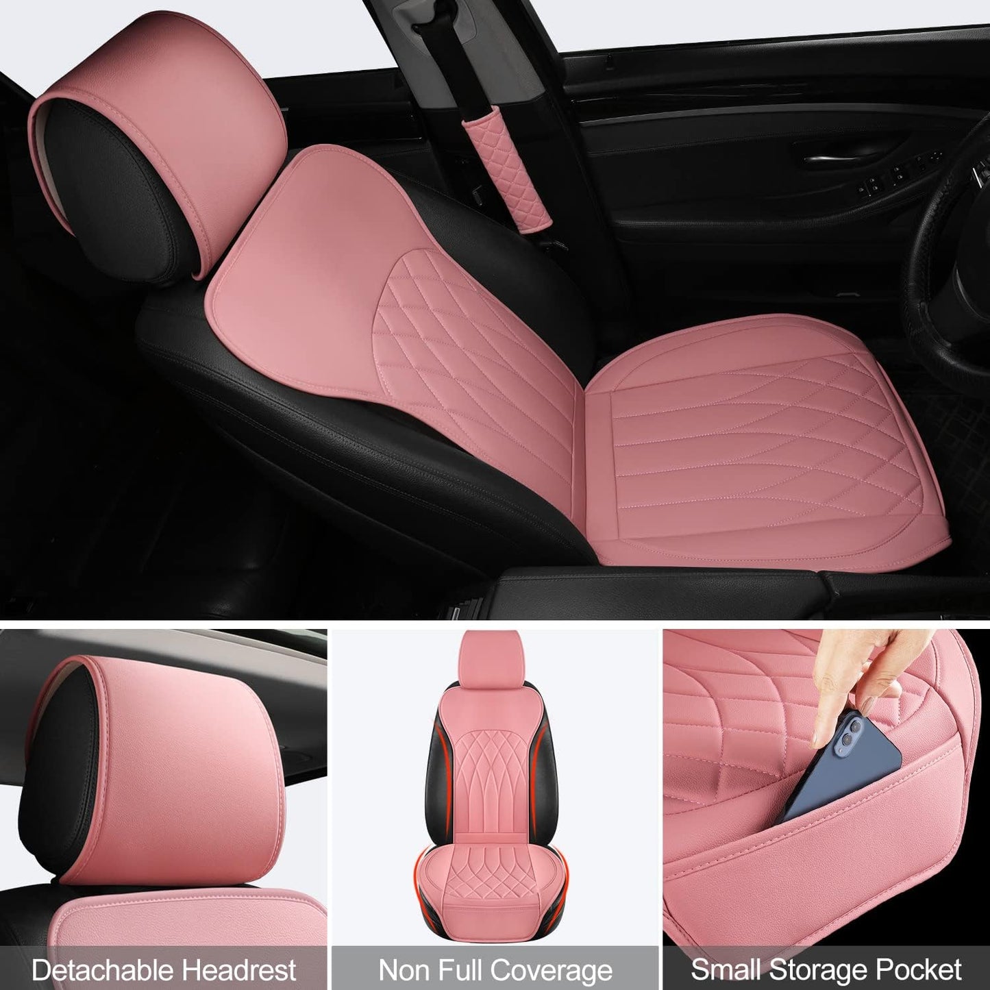 1 Pack Leather Front Car Seat Cover, Universal Sideless Car Seat Protector with Storage Pocket and Seat Belt Pad, Waterproof Automotive Seat Cover Cars Trucks SUV(Pink)