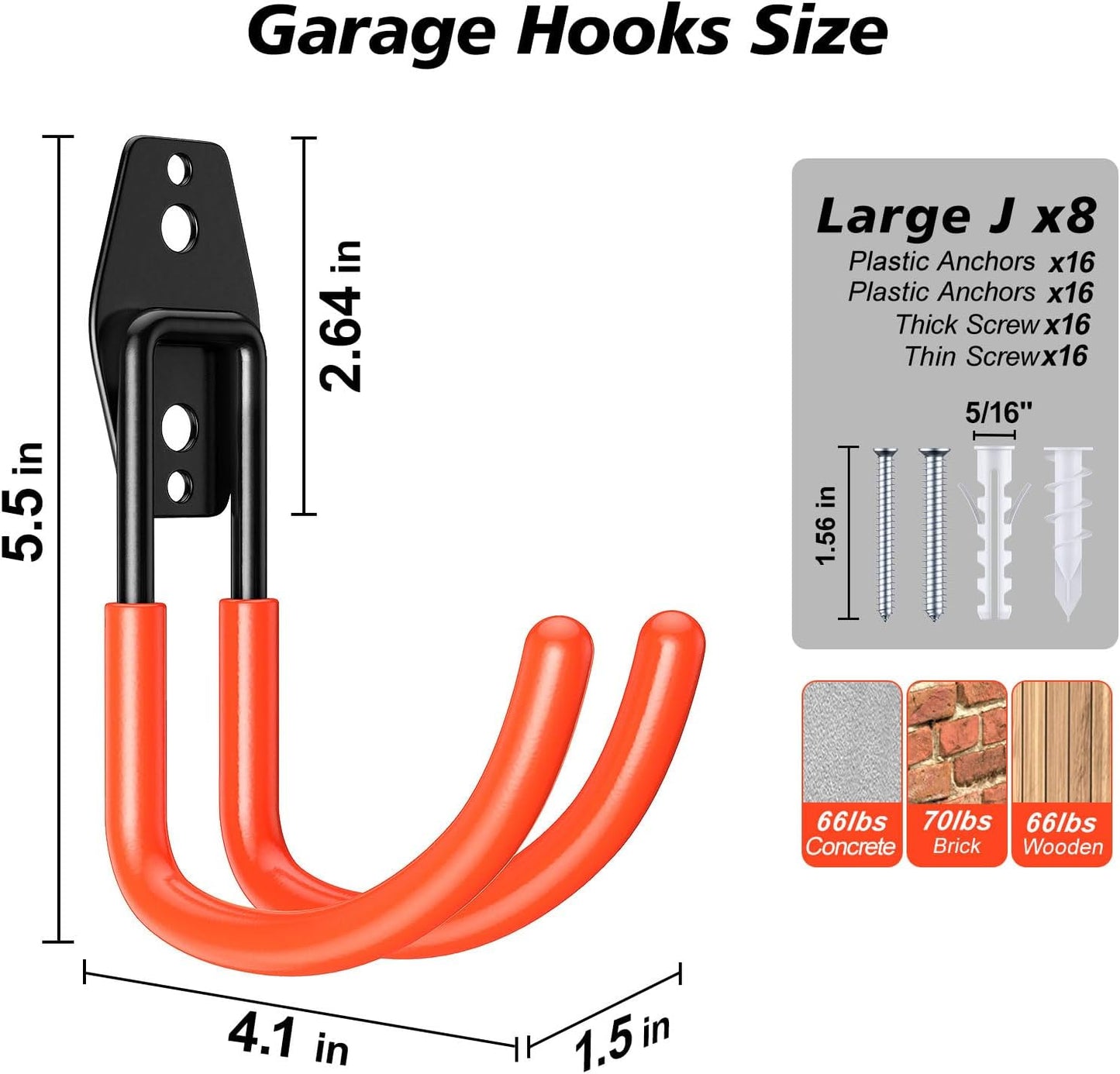 8 Pack 5.5x4.1 inch J Heavy Duty Garage Hooks,Solid Steel Wall Mount Hangers,with Anti-Slip Coating,for Hanging and Organising Ladder,Bike,Ropes,Broom,Garden,Yard and Power Tools