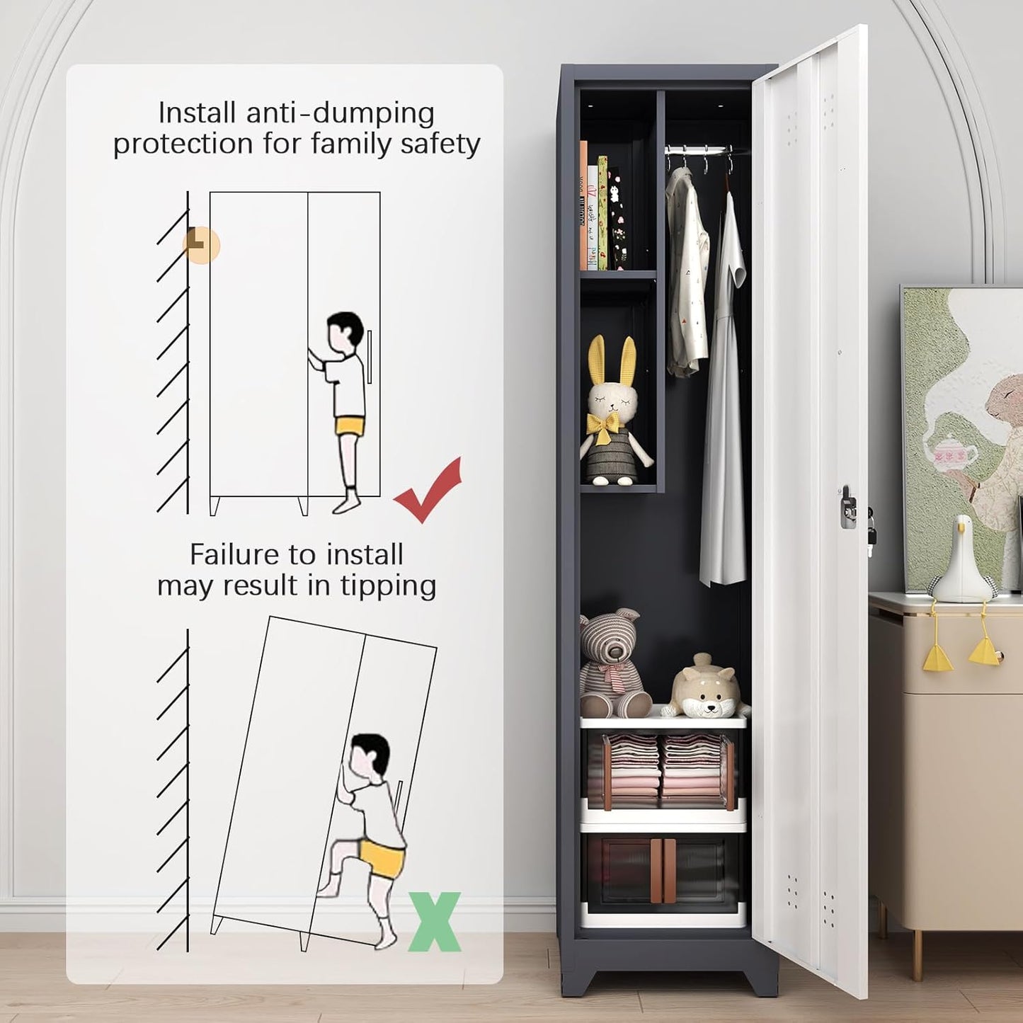 GREATMEET Slim Lockable Garage Storage Cabinet, Narrow Broom Storage Closet, 65" Metal Cleaning Tool Cabinet with Lock and Door,Utility Cabinets for Brooms and Mops for Laundry Room, White&Grey