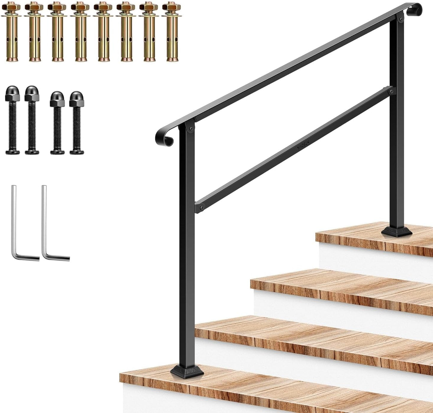 VIVOSUN Outdoor Handrail, 54" x 36" Fits 1-4 Steps, Wrought Iron Stair Railing with Curved Ends, One-Step Assembly, Black