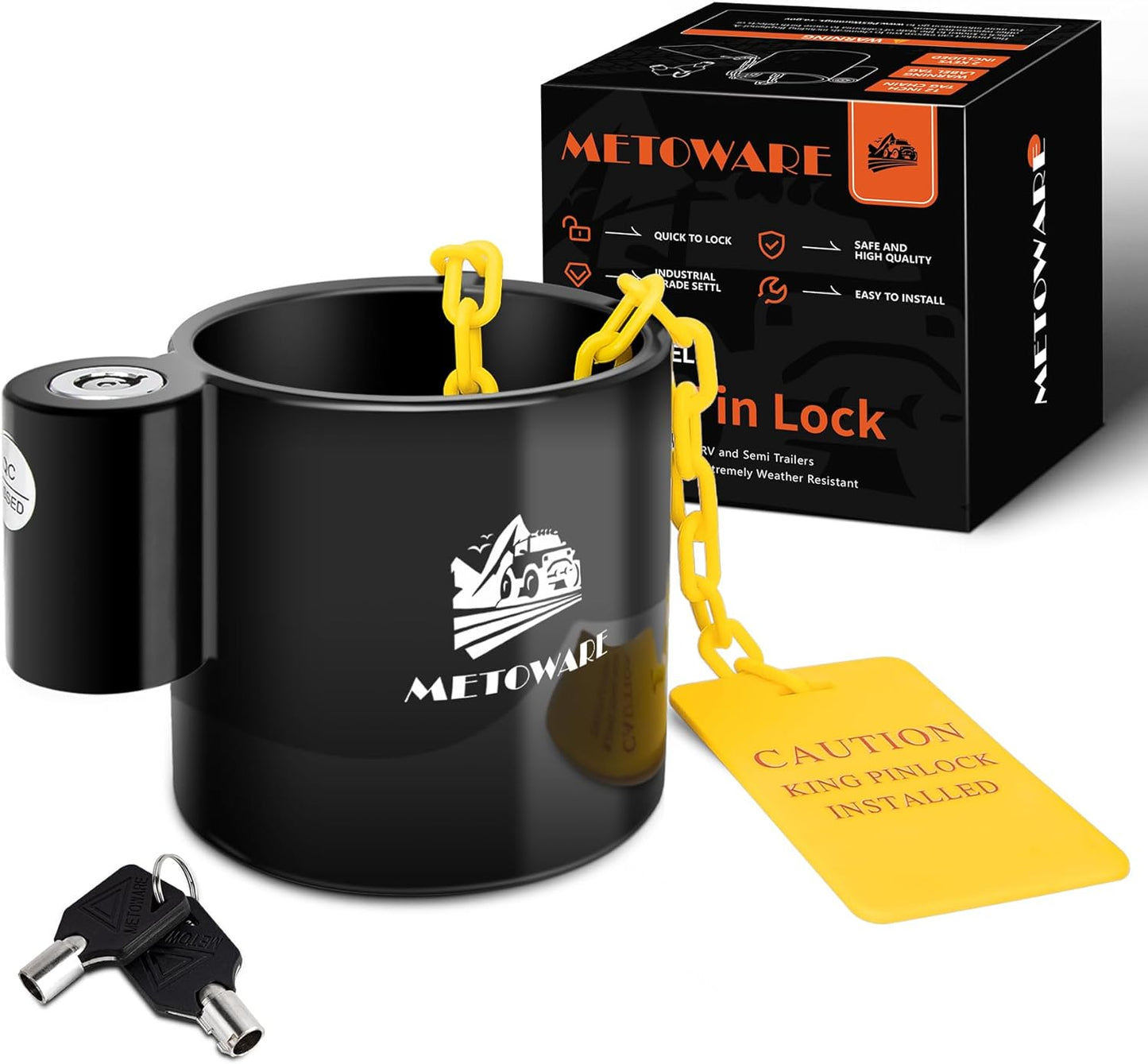 METOWARE 5th Wheel King Pin Lock with Warning Tag for 5th Wheel, RVs, Semi Trailers and Campers (Black)