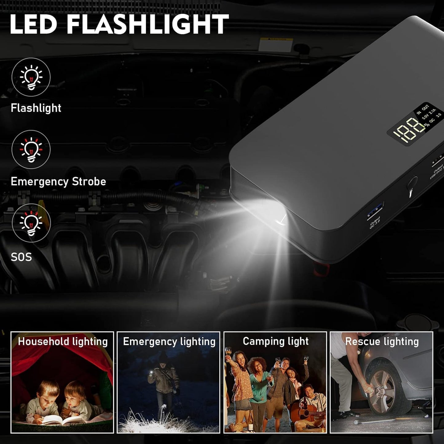 BOOKOO Car Battery Jump Starter, 3000 Amps Jumper Starter for Car 7.2 L Gas | 5.5 L Diesel Engine, Power Bank Battery Backup with USB QC 3.0 | PD 18W Fast Charging,3 Flashlight Modes for Emergency Use