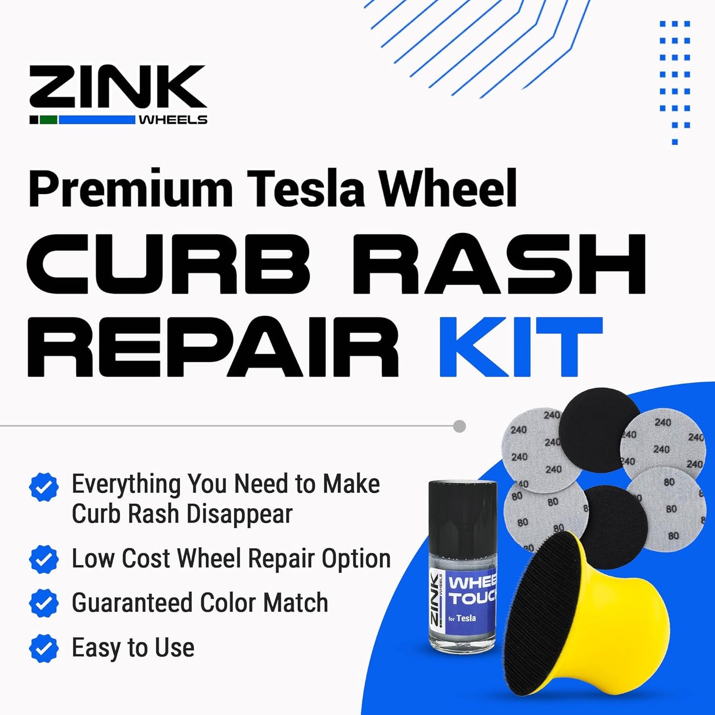 Premium Tesla Wheel Curb Rash Repair Kit for Model 3 19-inch Silver Nova Rims - DIY Kit with Color-matched Touch Up Paint - Made in USA