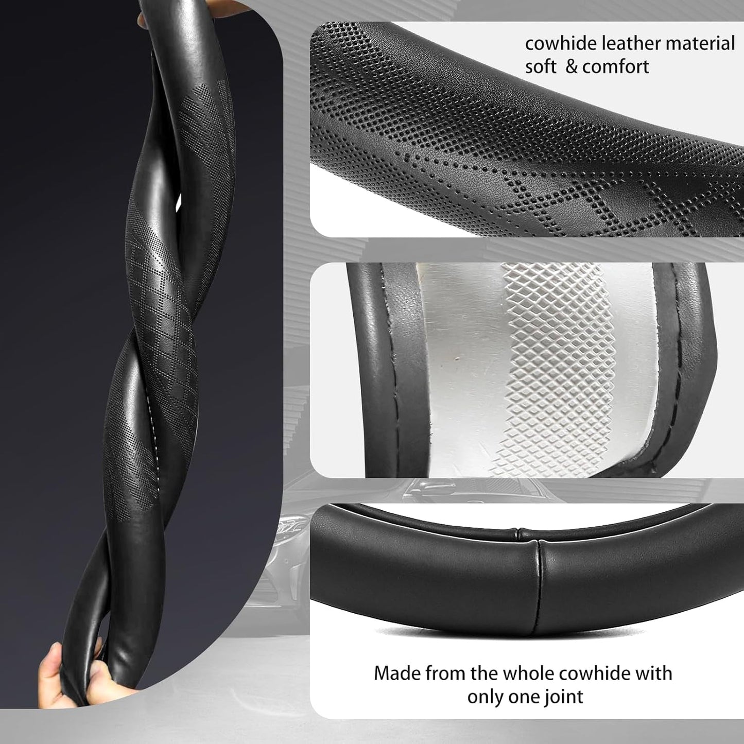 【2025 Model】 High-Grade Real Cowhide Steering Wheel Cover，Black Genuine Leather Steering Wheel Cover for Cars,Universal 15 inch Steering Wheels,Grid & Square Motif