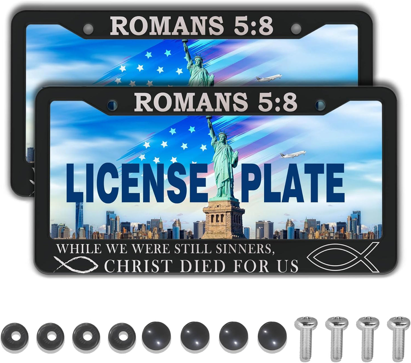 License Plate Frames Black and White License Plate Frame Jesus Bible Verses Romans 5:8 Aluminum Metal Car Accessory 2 Pack with Screw Covers Set