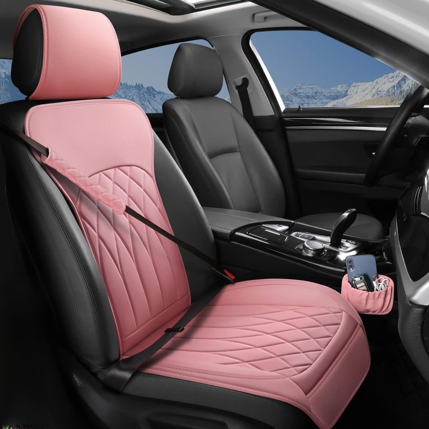 1 Pack Leather Front Car Seat Cover, Universal Sideless Car Seat Protector with Storage Pocket and Seat Belt Pad, Waterproof Automotive Seat Cover Cars Trucks SUV(Pink)