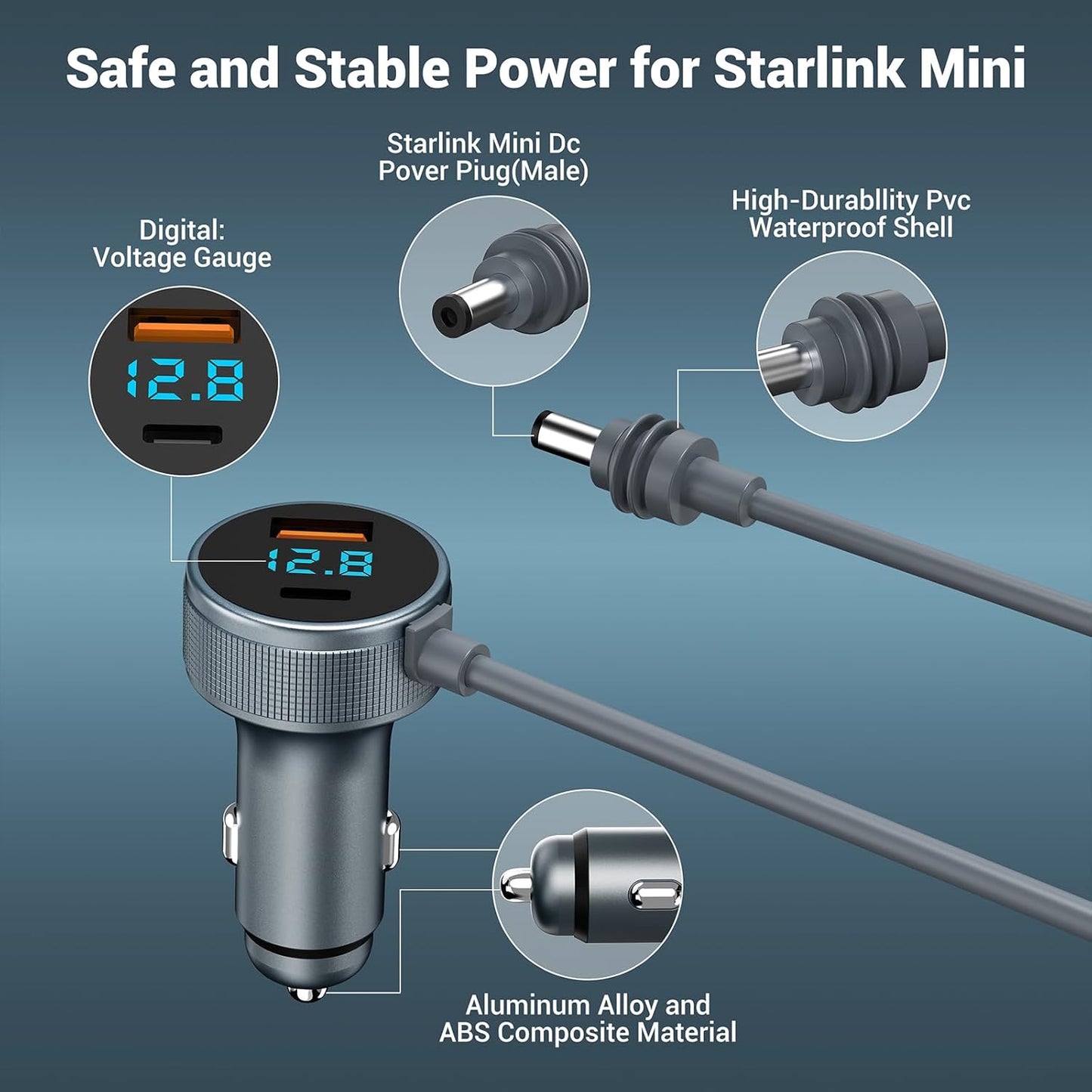 Starlink Mini Cable,3-in-1 Starlink Mini Car Adapter with Digital Display, Starlink Mini Power Cable12V-48V，Cigarette Lighter Adapter with USB C PD 40W& USB A 35W Ports for Trucks and Cars(10FT)