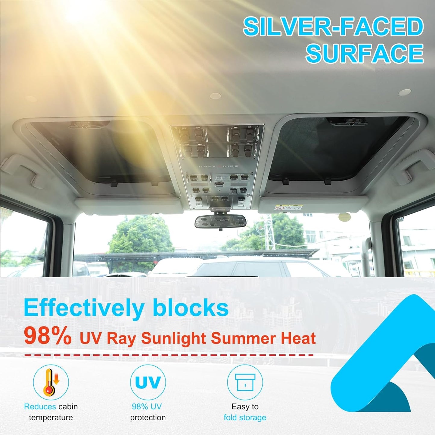 Compatible with INEOS Grenadier 2020-2024 Car Sunroof Sun Shade, Foldable Memory Steel Wire Car Sunroof Sun Shade Breathable Mesh Keep Cool