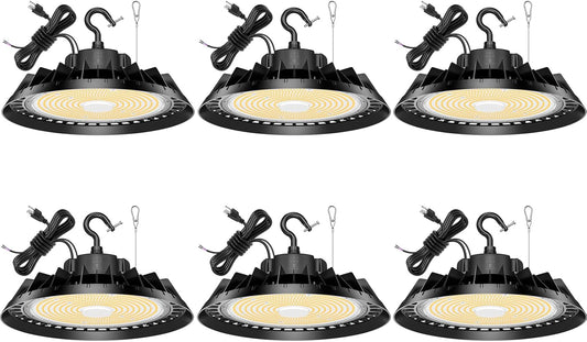 6Pack LED High Bay Lights, Super Bright 200W UFO High Bay LED Shop Lights, 30000LM 5000K, 0-10V Dimmable, 5' Cable Plug, IP65 Waterproof, ETL Listed Plug & Play Lighting for Gym Factory Warehouse