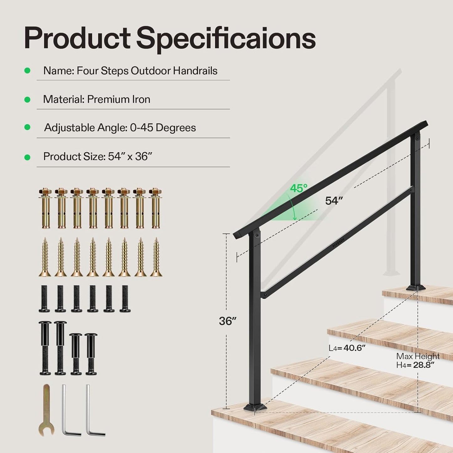 VIVOSUN Outdoor Handrail, 4 Step Stair Handrail, 54" x 36" Fits 1 to 4 Steps, Wrought Mattle Iron Handrail for Concrete Steps, Porch Steps, One-Step Assembly, Black