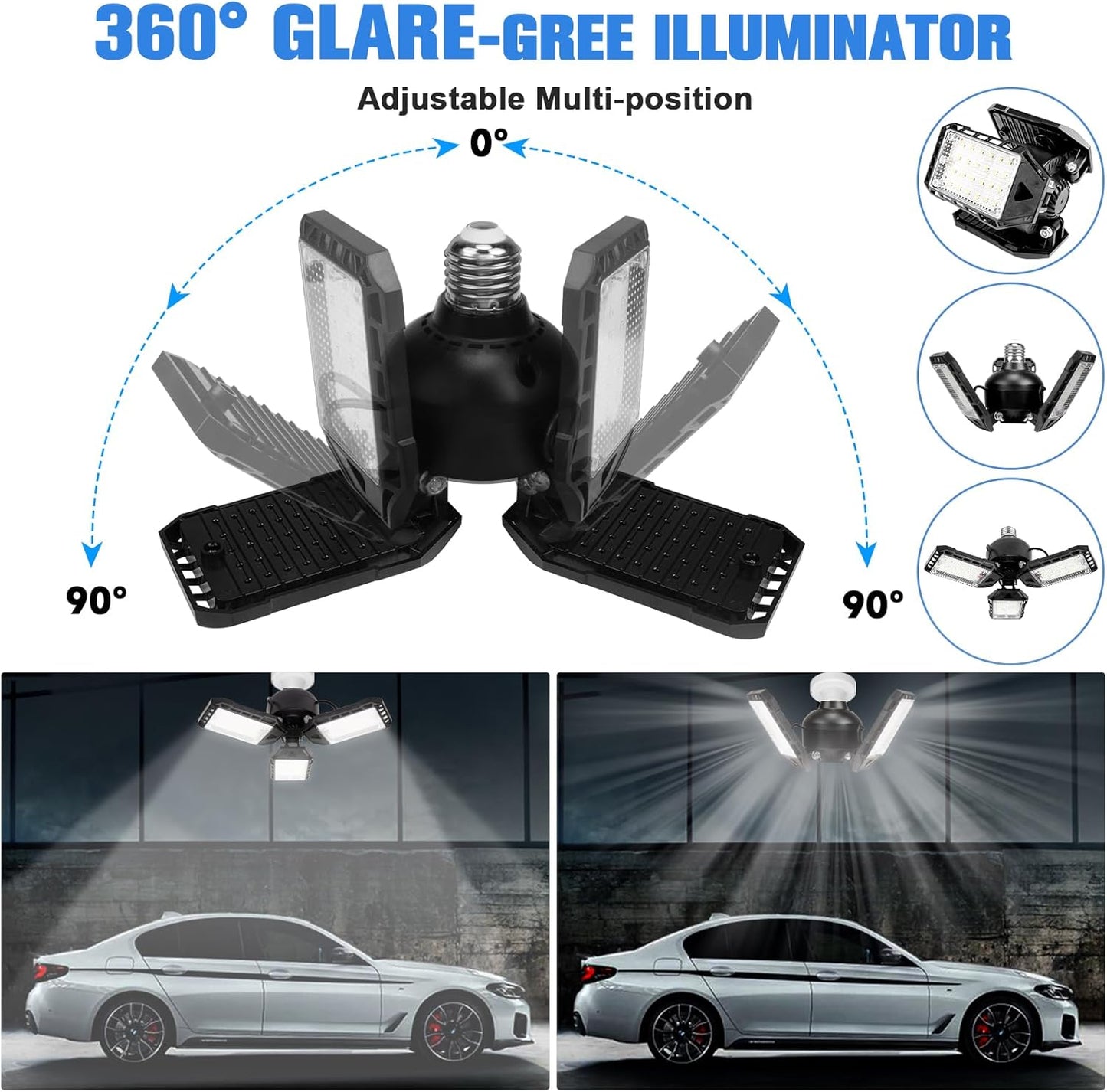 LED Garage Lights Bulb 4 Pack -80W, 8000LM 6500K Led Shop Light with 3 Deformable Panels, Basement Barn Light Garage Ceiling Lights, E26/E27 for Garage, Warehouse, Shop, Basement