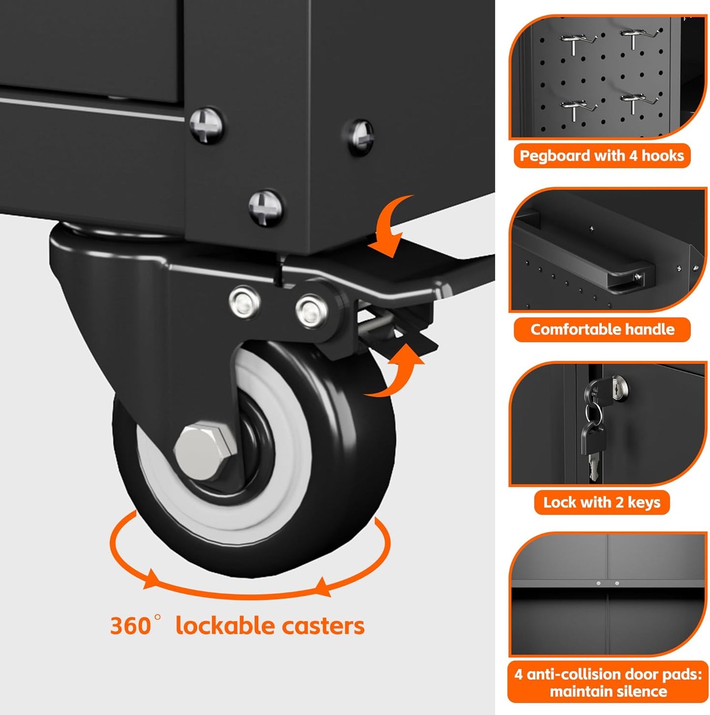 Garage Storage Cabinet with Wheels & Pegboard, 34.3" H Locking Metal Tool Storage Cabinet with Doors and Shelf & 4 Hooks for Garage, Home, Workshops, Assembly Required, Black
