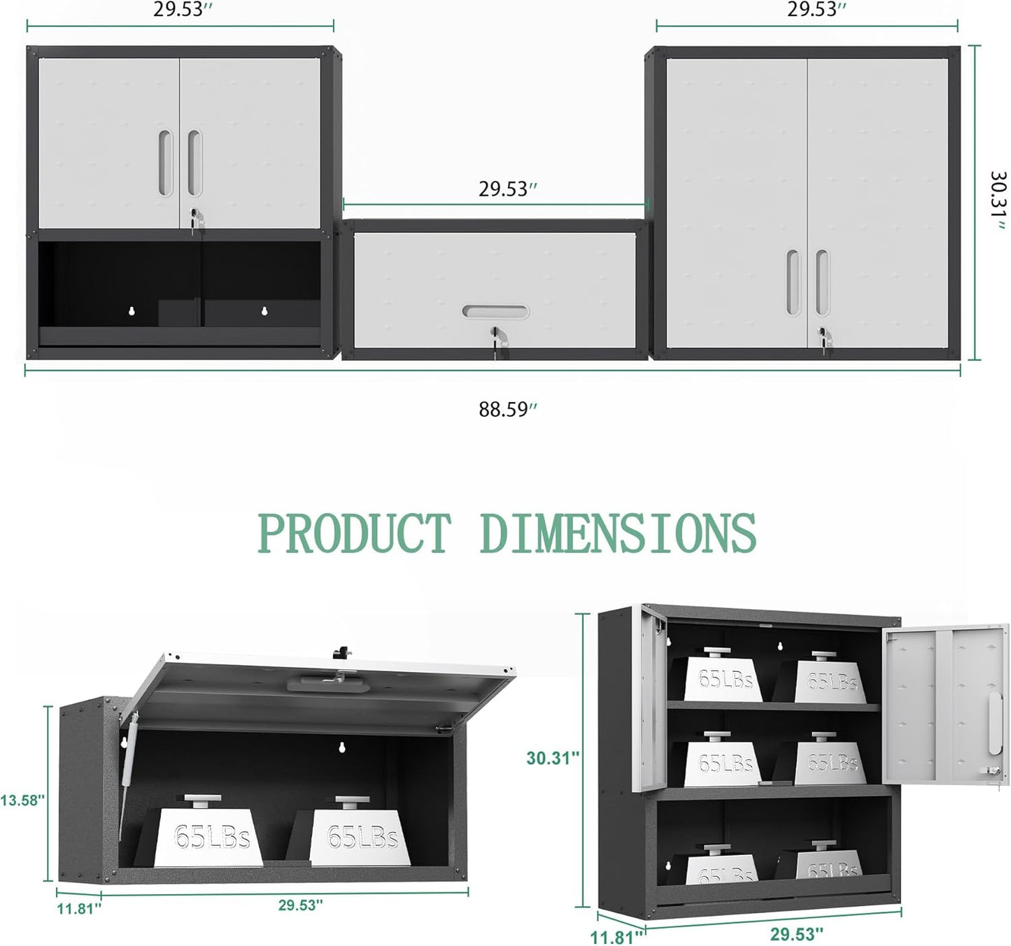 Metal Tool Cabinet,Garage Storage Cabinet System,Wall Cabinet & Locking Rolling Tool Cabinet with Doors and Adjustable Shelves,Steel Tool Cabinets for Home,Office (3 Pcs-StyleA, Black & Grey)