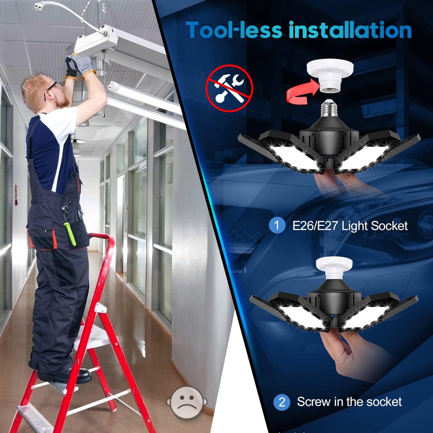 TANBABY 2 Pack LED Garage Lights, 150W Deformable Best Ceiling Shop Lights, 15000LM LED Light 6500K Garage Lighting with 6+1 Adjustable Panels Bulb for Basement