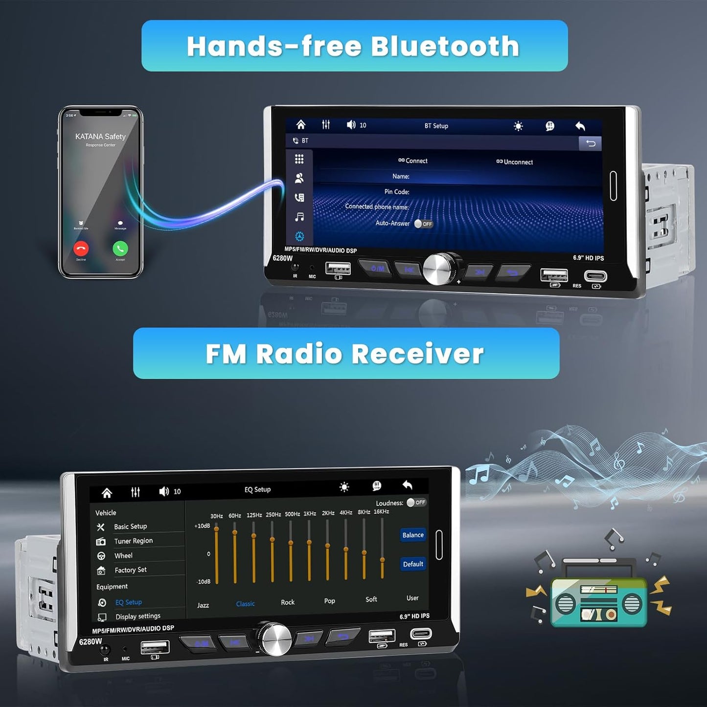 6.9 Inch Single Din Car Stereo with Wireless Carplay Android Auto, HD Touchscreen Radio Receiver with Bluetooth5.0 Audio FM/RDS EQ SWC Mirror Link USB/Type-C Port Backup Camera