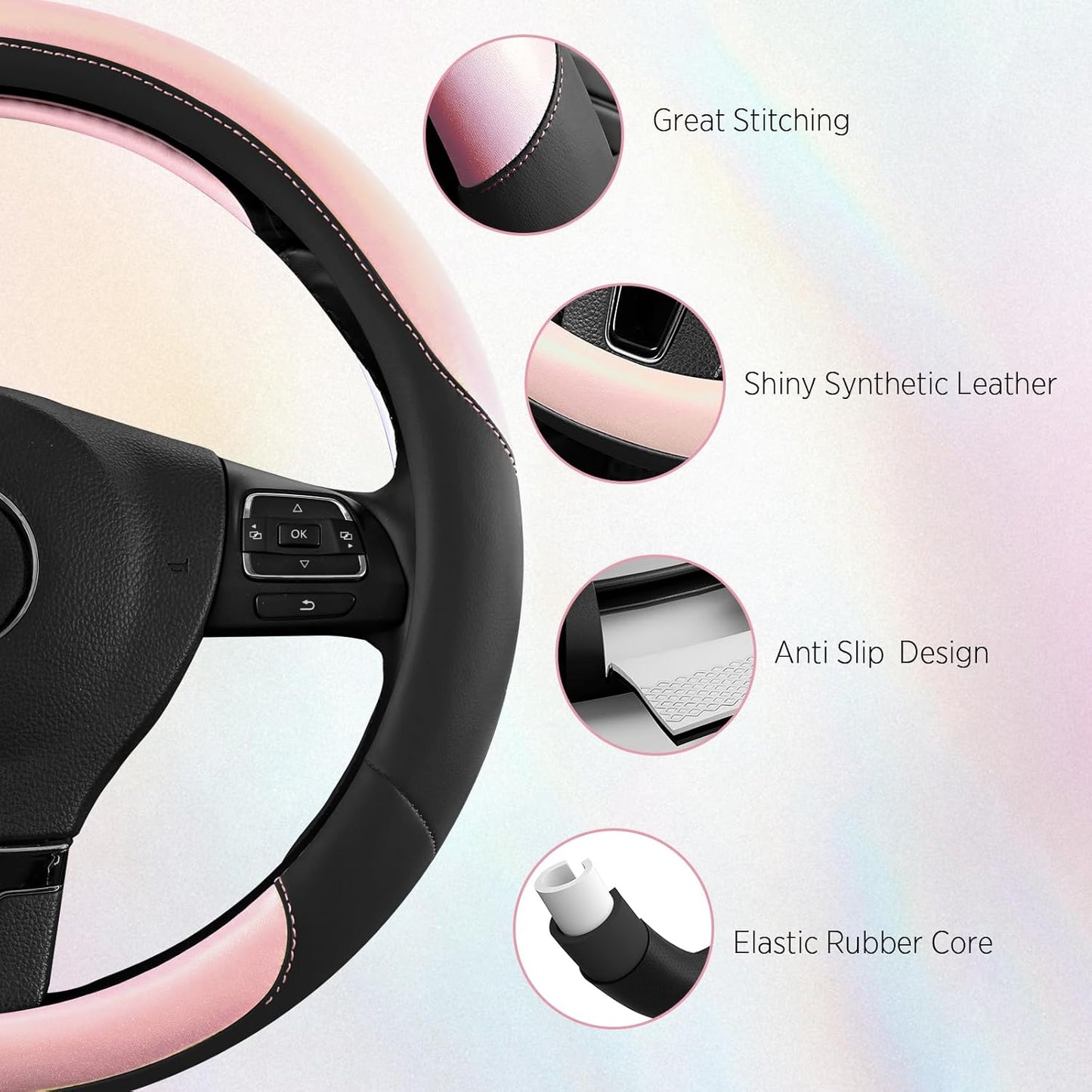 Road Comforts Steering Wheel Cover – Breathable Leather Steering Wheel Cover, Anti-Slip Grip, Universal Fit 14.5” to 15”, Heat & Cold Resistant for Cars, SUVs, and Trucks – Black & Pink