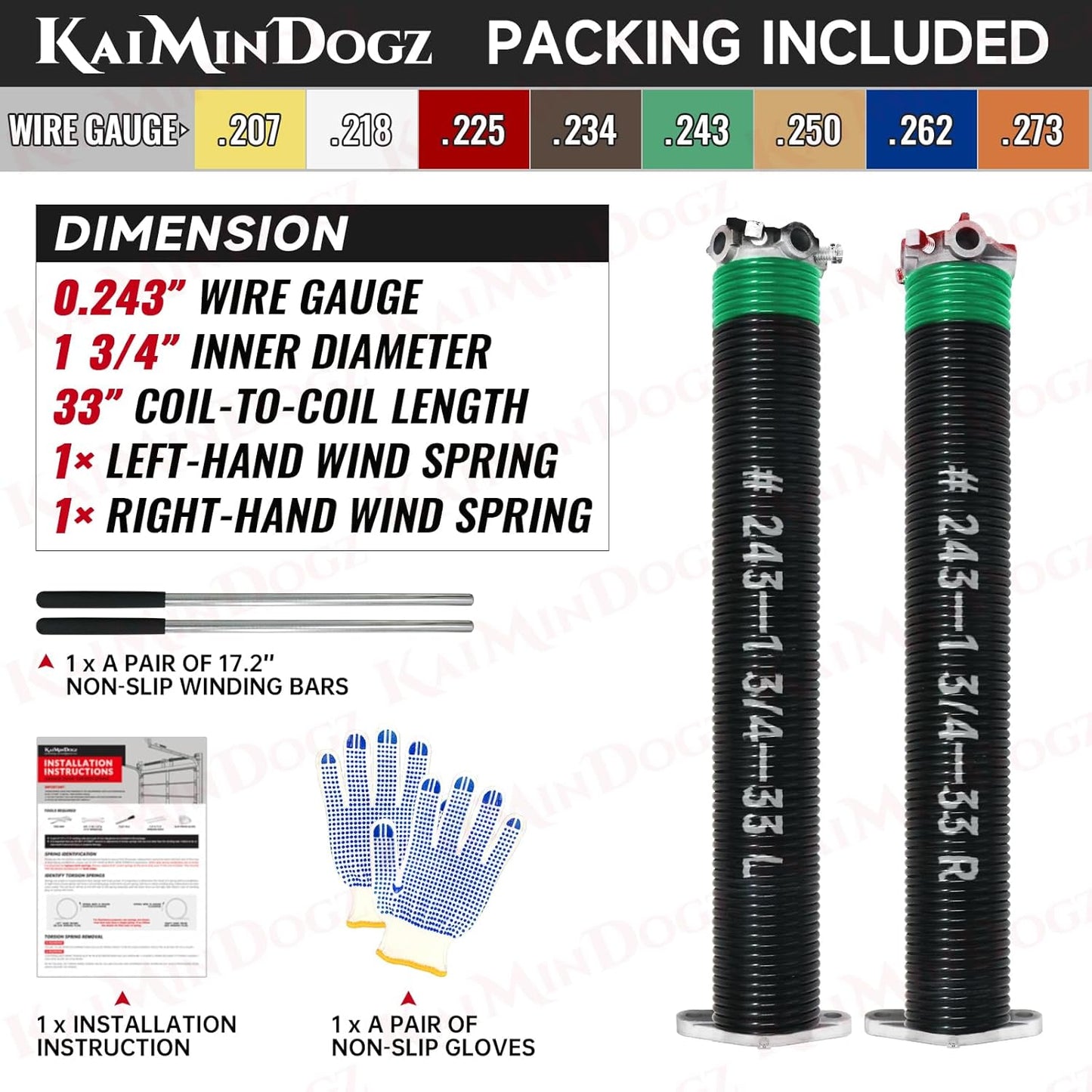 Pair of 1.75" Garage Door Torsion Springs Set with Non-Slip Winding Bars&Gloves, High Precision Electrophoresis Oil-Free Black Coated for Replacement, MIN 16,000 Cycles (0.243 x 1.75"x 33")