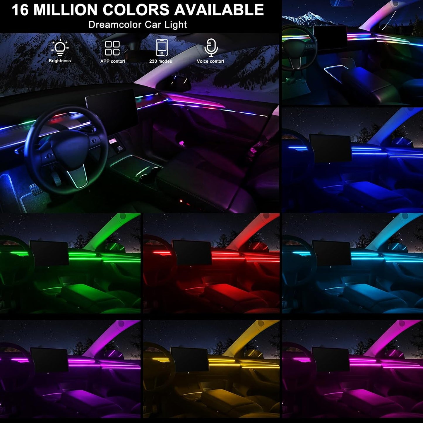 Dream+Color Acrylic Interior Car LED Strip Light with Wireless APP, RGB 6 in 1 with 175 inches 593 LEDs Fiber Optic Strip Lights for Car, Dynamic Chasing Music Sync Neon Ambient Lighting Kits