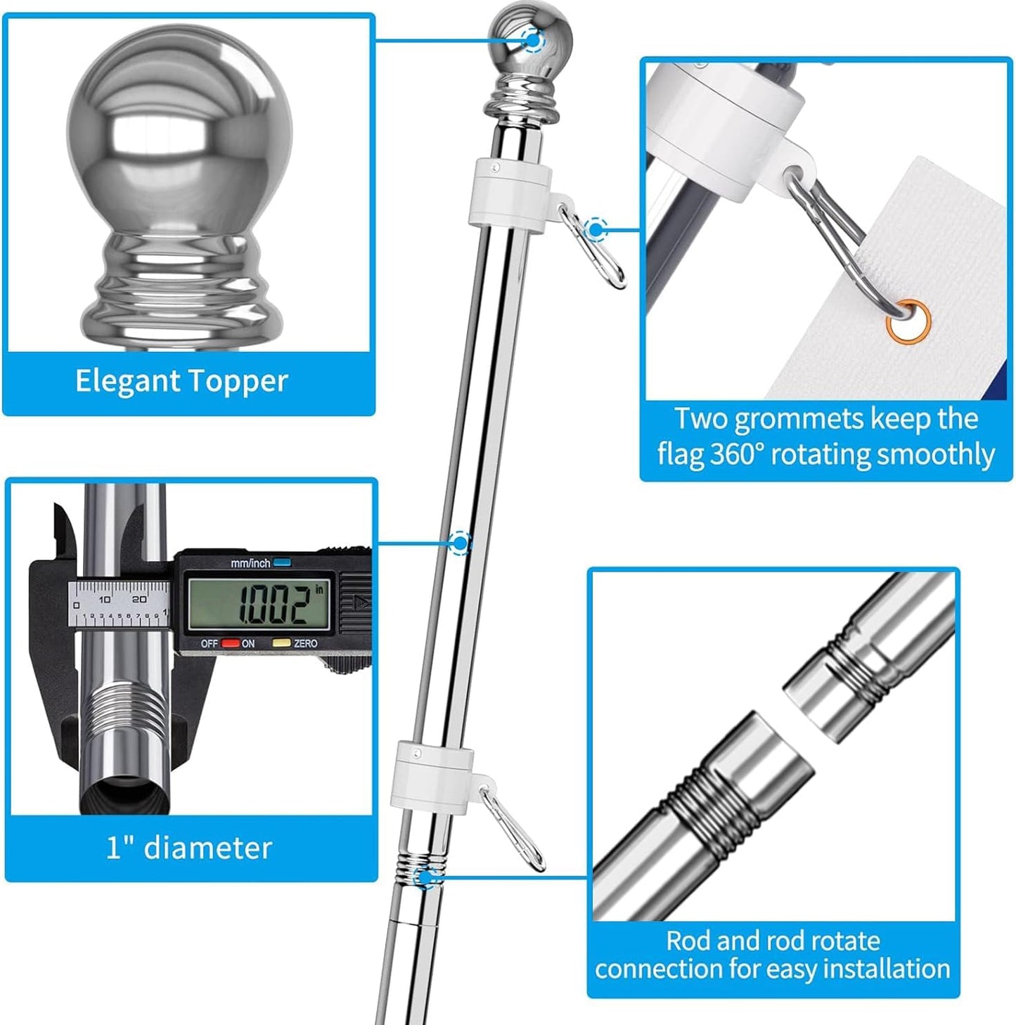 ZMTECH Flag Pole - Upgraded Bracket, (2 Packs) 6 FT Stainless Steel Flag Poles for Outside House, Residential or Commerical, Tangle Free Flag Pole Kit for American Flag (Without Flag, Silver)