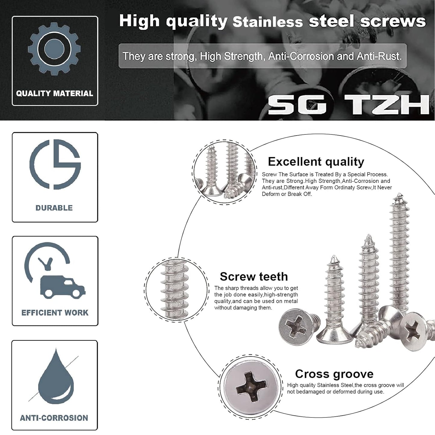 #4 x 5/8" Wood Screw 100Pcs 18-8 (304) Stainless Steel Screws Flat Head Phillips Fast Self Tapping Drywall Screws by SG TZH