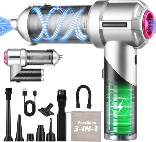 PeroBuno Car Vacuum Portable Cordless, 18000PA Suction, 3-in-1 Foldable Handheld Vacuum & Air Duster with Brushless Motor, 40mins Runtime, One-Click Dust Removal for Car Home Cleaning