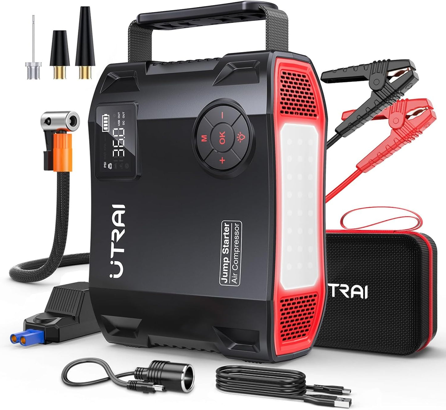 UTRAI Jump Starter with Air Compressor, 6000A 27000mAh Car Starter Jump Box with 150PSI Tire Inflator, Portable Jump Pack (All Gas/10L Diesel), DC160W, QC3.0 Jumper Cables, 1600LM Light