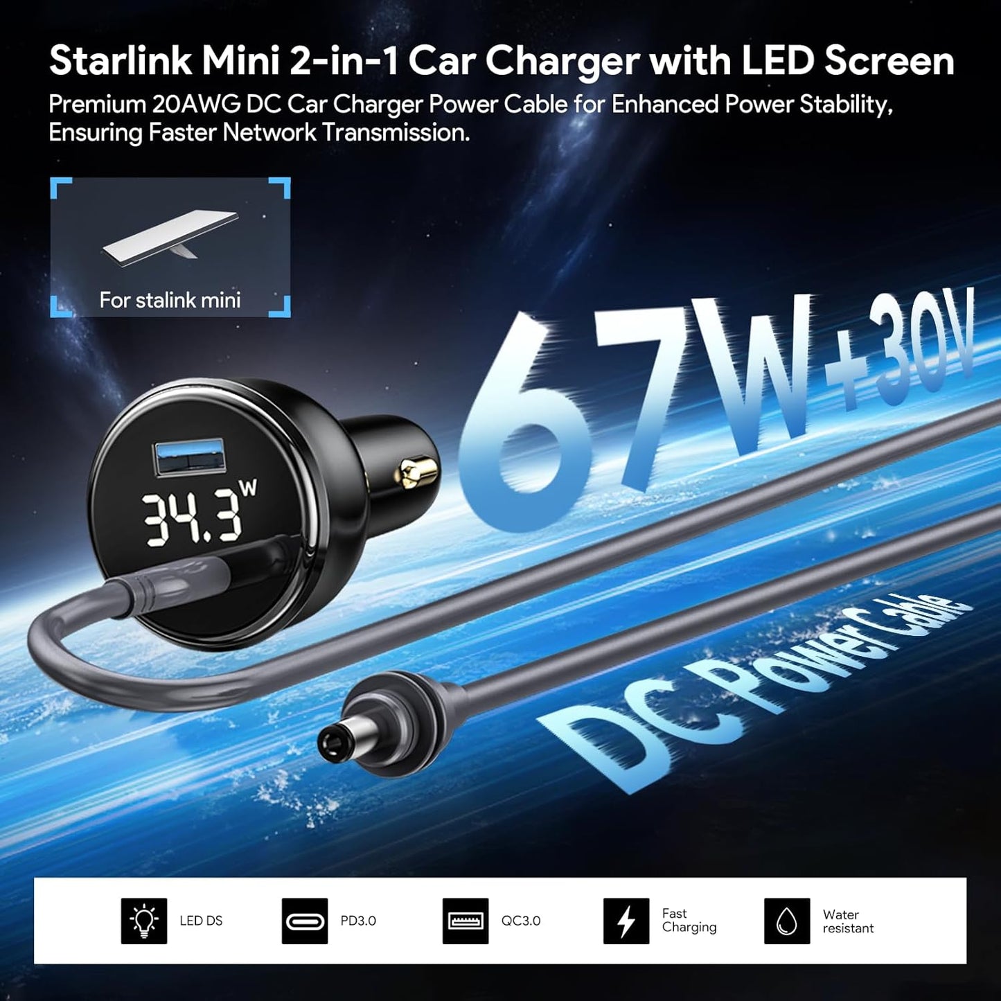QUIDDITY Starlink Mini Car Adapter DC Power Cable + Cigarette Lighter Adapter 12V-24V with Digital Display, Water-Resistent Car Charging Cord with USB Type-C Port Starlink Mini Accessories(3M/10FT)