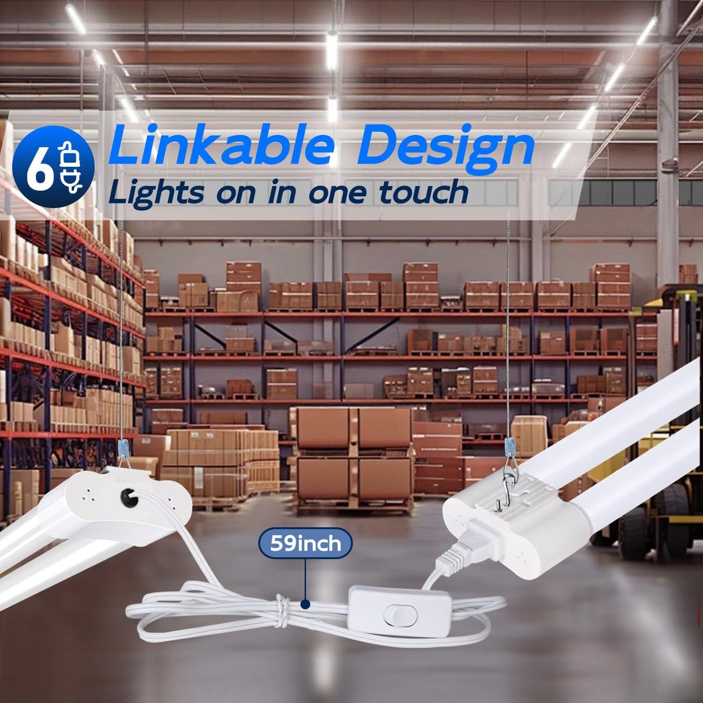 hykolity 6 Pack 4FT Linkable LED Shop Light, Utility Shop Light Fixture, 4400lm, 42W [250W Equivalent], 5000K Daylight Shop Lights for Garage, Hanging or Surface Mount, with Power Cord, ETL,White
