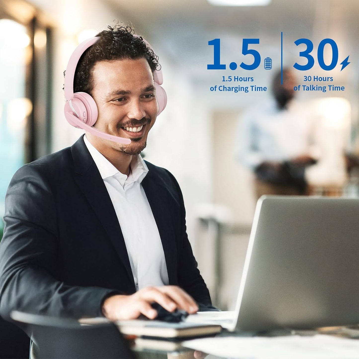 Wireless Headset with Mic, 2.4GHz Bluetooth Headset with AI Noise Cancelling Microphone & Charging Base, Wireless Headphones with USB Dongle for PC (Pink, L)