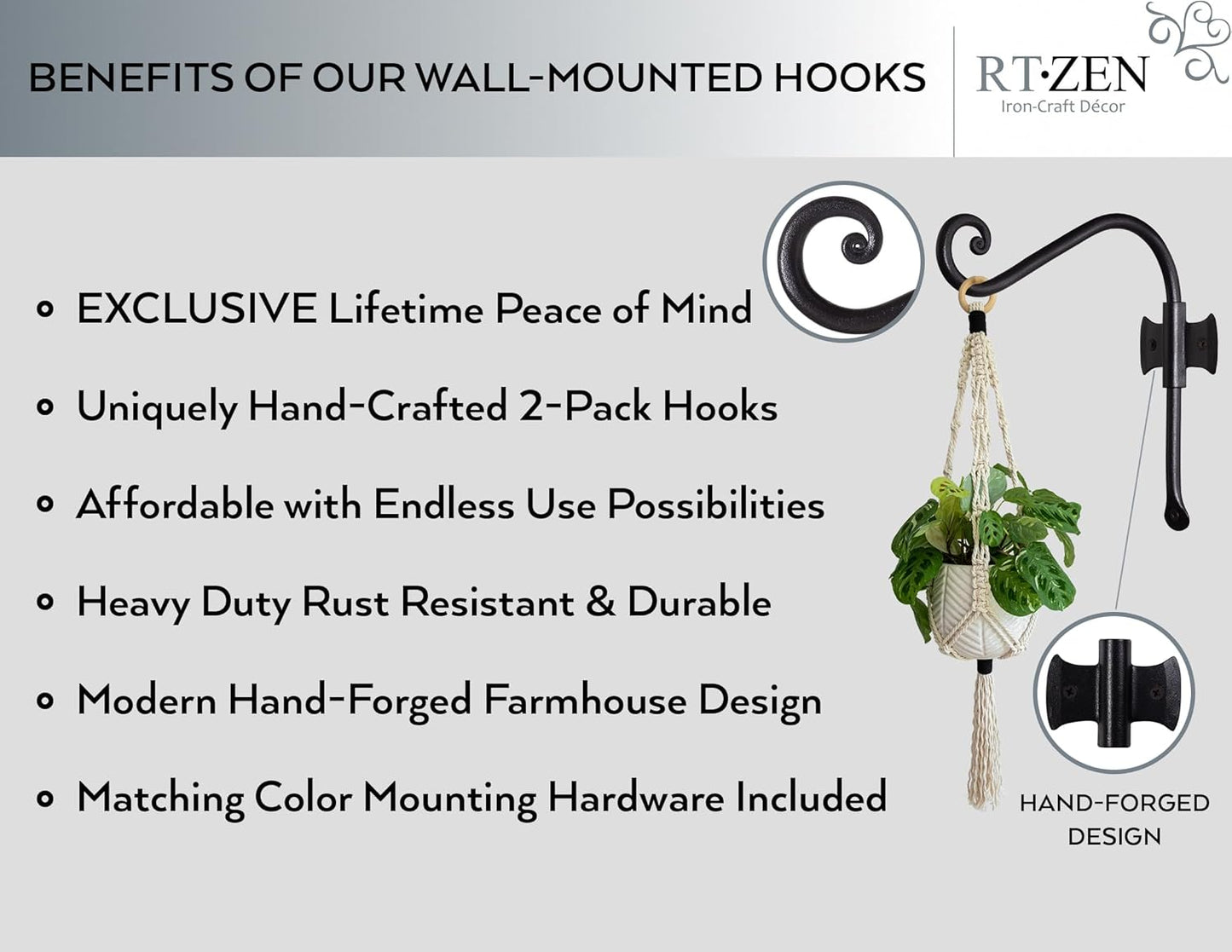 RTZEN Plant Hangers Outdoor or Indoor - Wrought Iron Metal Hanger Indoor Hook - Heavy Duty Wall Bracket Hooks for Hanging Plants Baskets Lanterns Wind Chimes - 2 Pack (Black Axe-Shape Hooks)