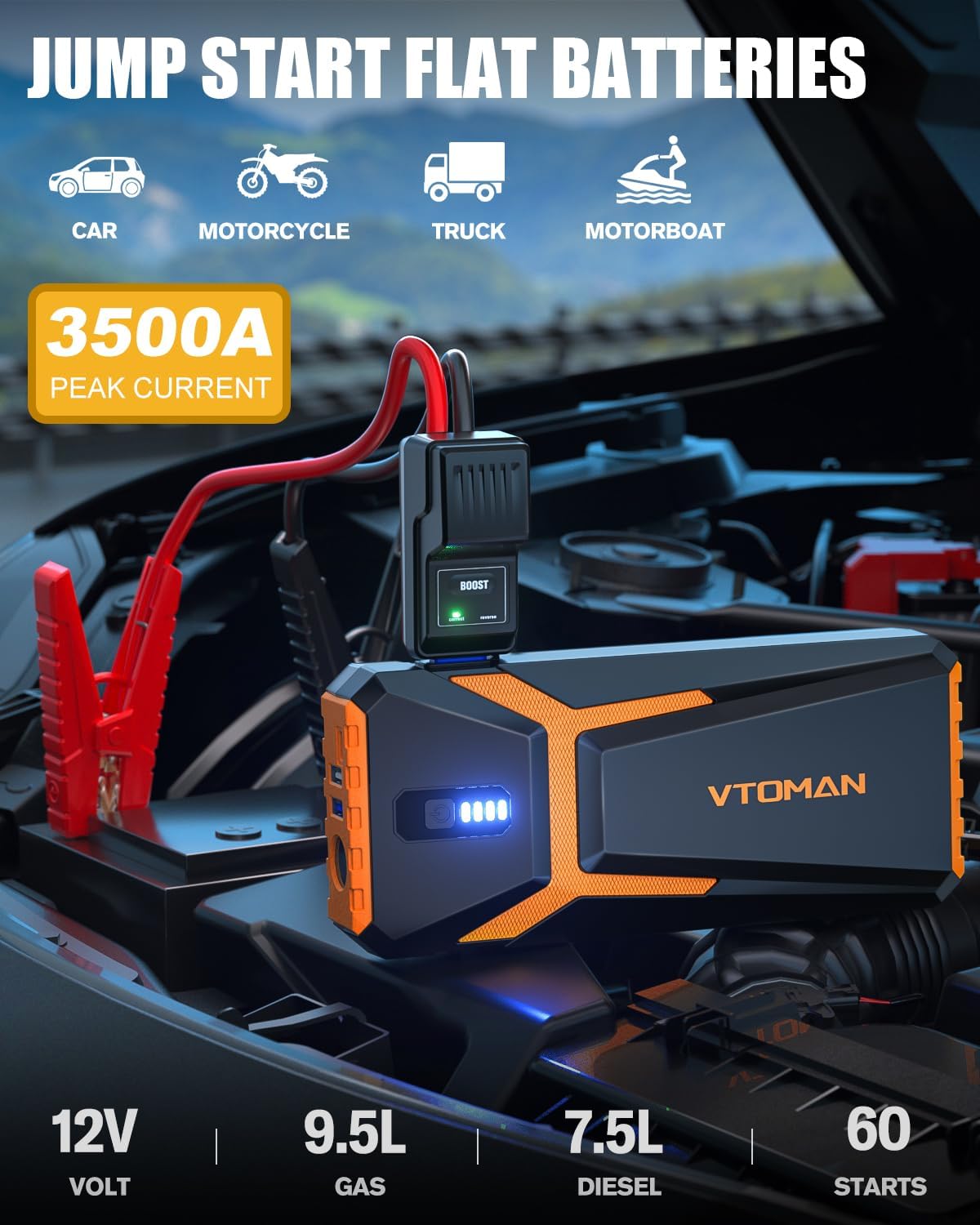 VTOMAN V10 3500A Jump Starter, Portable Car Starter (9.5L Gas,7.5L Diesel Engine) 12V Lithium Jump Box, Auto Battery Booster Power Pack, Car Battery Charger Jumper Starter with Type C Quick Charge