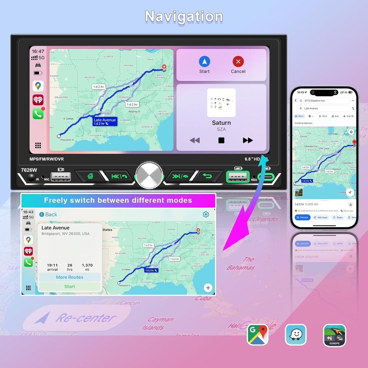 Wireless Apple CarPlay,Double Din Car Stereo,Bluetooth 5.2,FM AM Car Radio,HD 1280*600 Display,6.8" IPS Touchscreen,GPS Navigation,Android Auto,Backup Camera,MP5,Subwoorf,Type-C Fast Charging,Dual USB