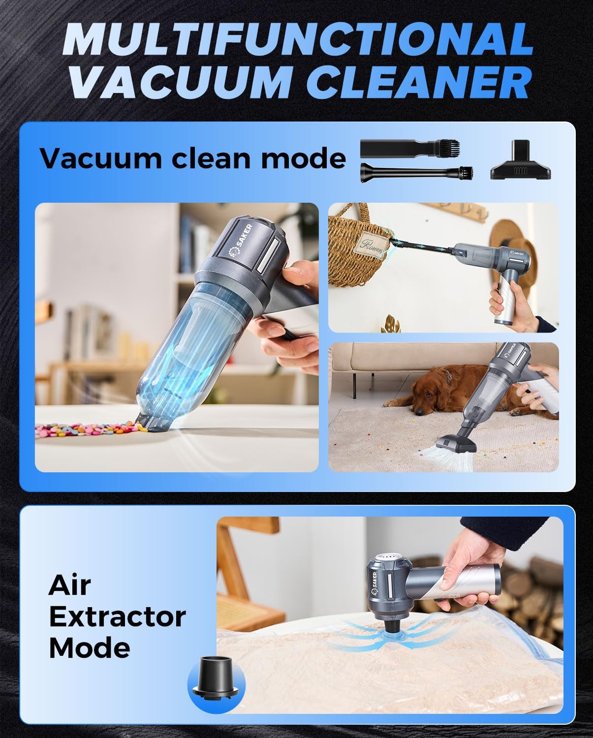 Saker Car Vacuum Portable Cordless, Foldable Mini Handheld Vacuum Cordless and Air Duster 17000PA High Power Vacuum Cleaners for Home,Cars,Office Cleaning HL133 Silver