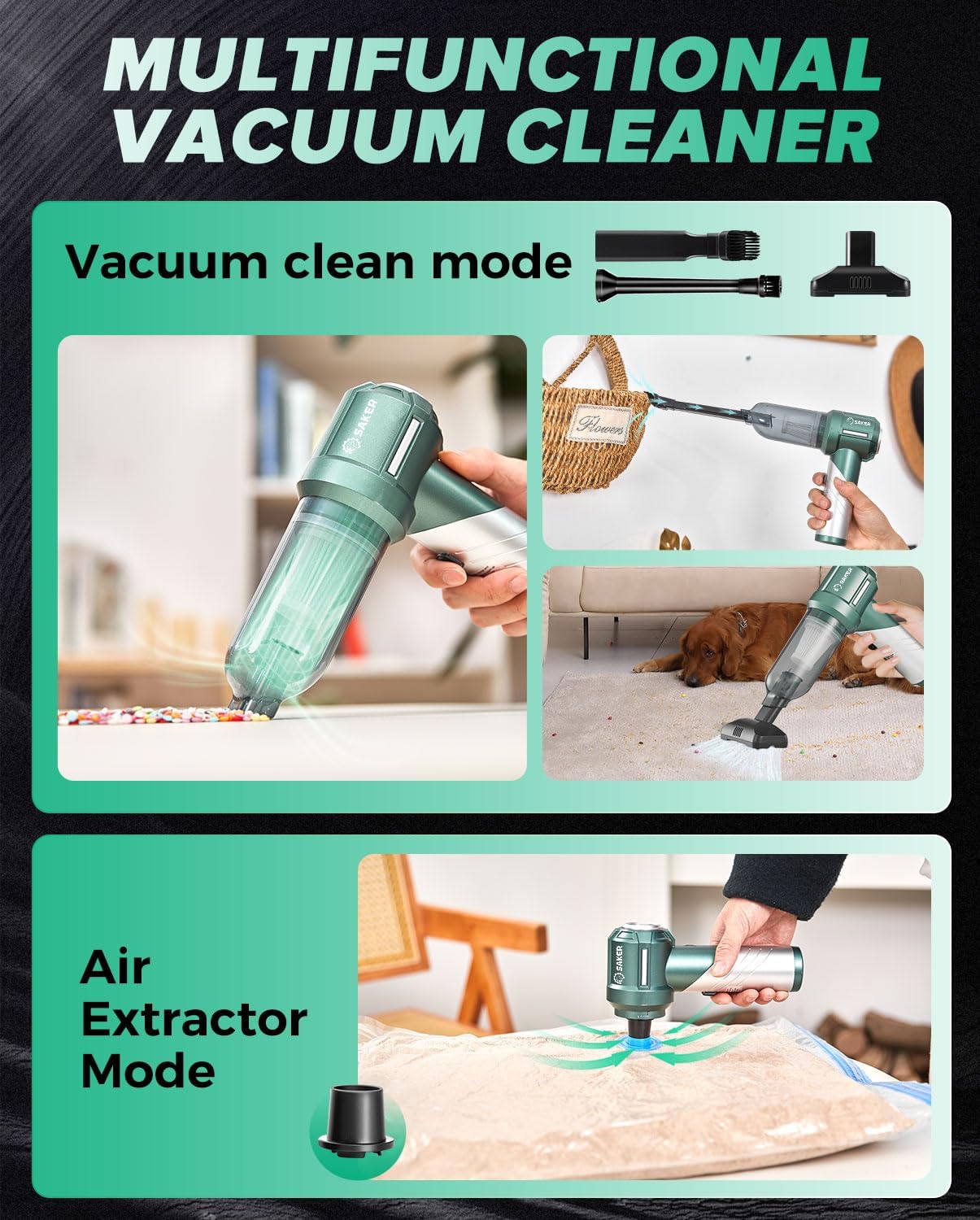 Saker Foldable Handheld Car Vacuum Cleaner Portable Cordless, 17000PA High Power Mini Vacuum Cleaner and Air Duster with Brushless Motor for Home,Cars,Office Cleaning HL133 Olive Green
