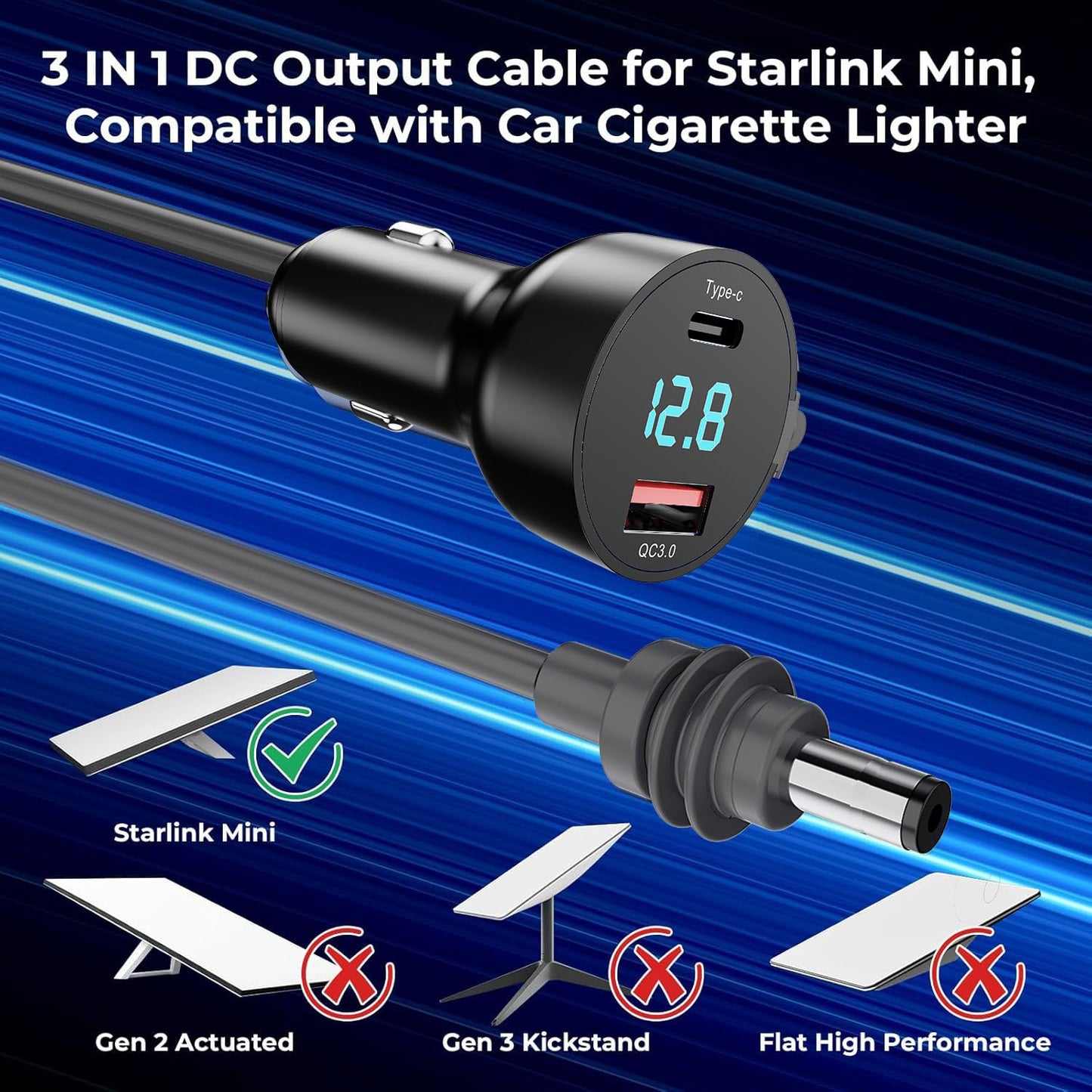 3 in 1 Starlink Mini Cable 10FT, Starlink Mini Car Charger DC Power Cable+Cigarette Lighter Adapter 12V-48V with Digital Display, Durable USB C PD 36W/USB A 18W Ports for Trucks and Cars