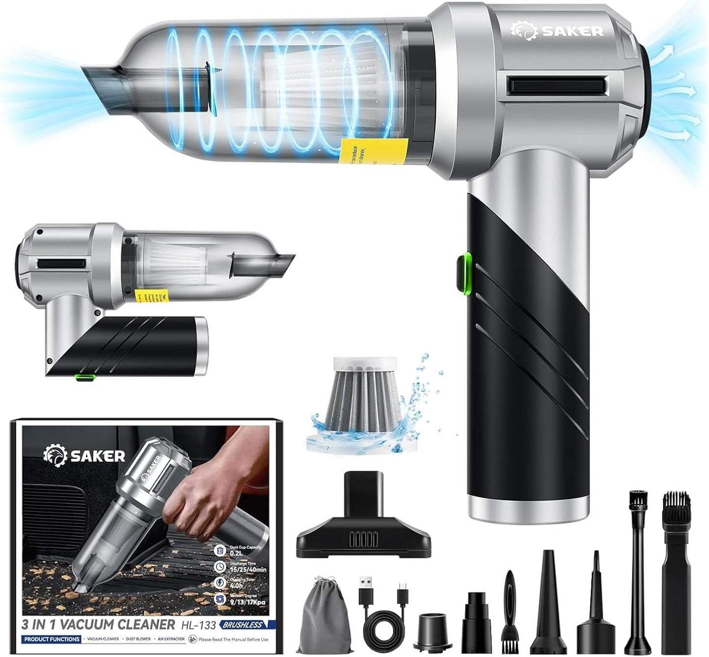 Saker Portable Handheld Vacuum Cordless Portable 17000PA Foldable Car Vacuum Cleaner Mini Dust Blower with Brushless Motor, Office Pet and Home Cleaning HL133