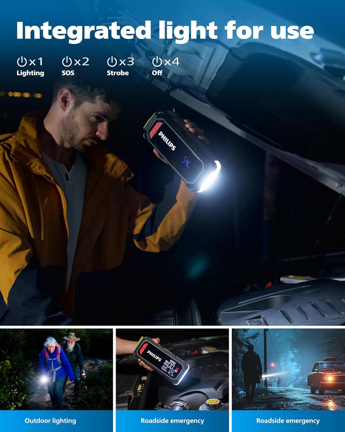 PHILIPS 2300A Car Battery Jump Starter, 12V 16000mAh Portable Lithium Jump Starter Battery Pack (8.5L Gas 6L Diesel Engine) with 100W Quick Charge,DC Output,LED Screen,LED Light