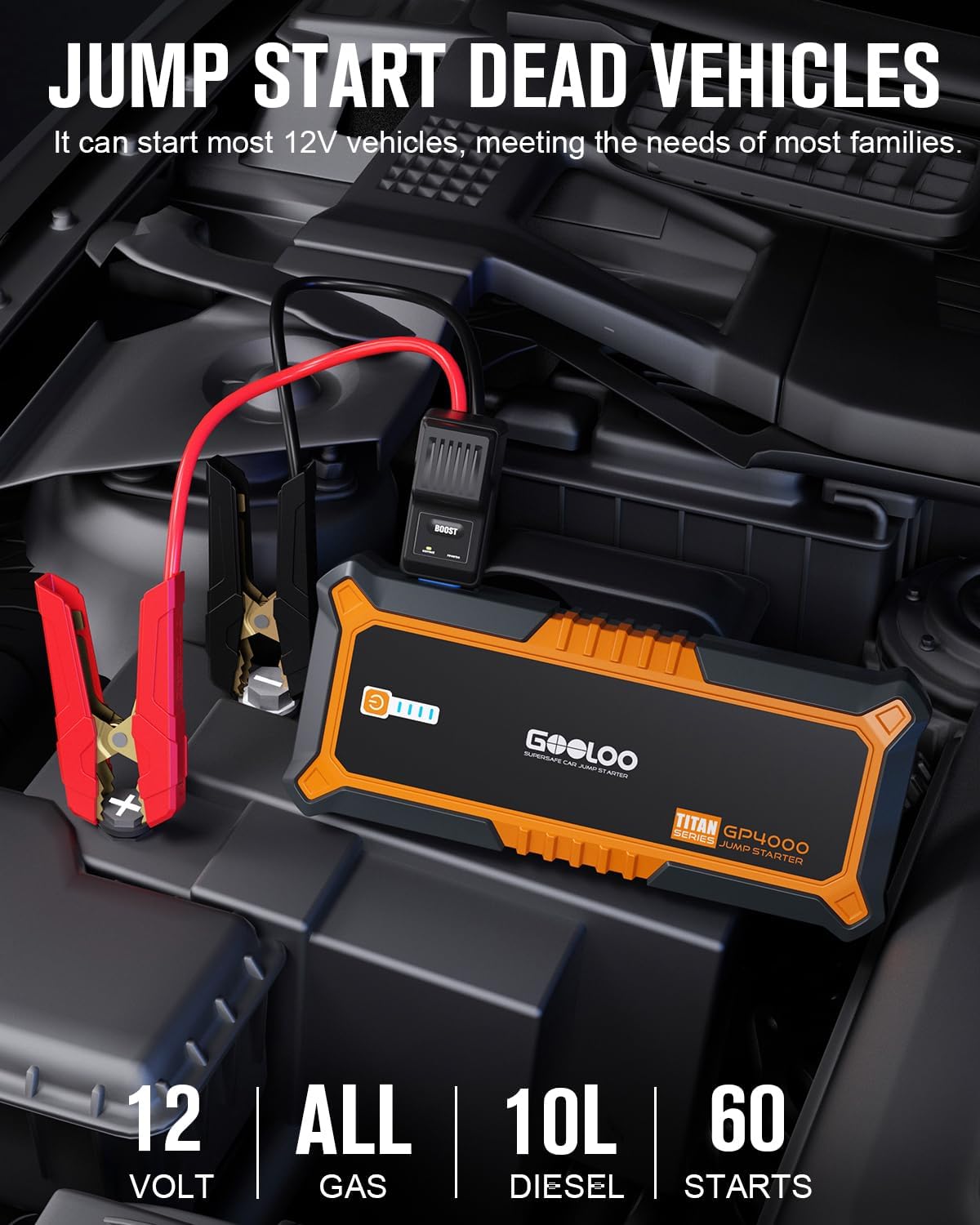 GOOLOO 4000A Peak Car Jump Starter 12V Auto Battery Booster SuperSafe Lithium Jump Box for All Gas, Up to 10.0L Diesel Engine, Portable Power Pack with USB Quick Charge and Type C Port, Orange