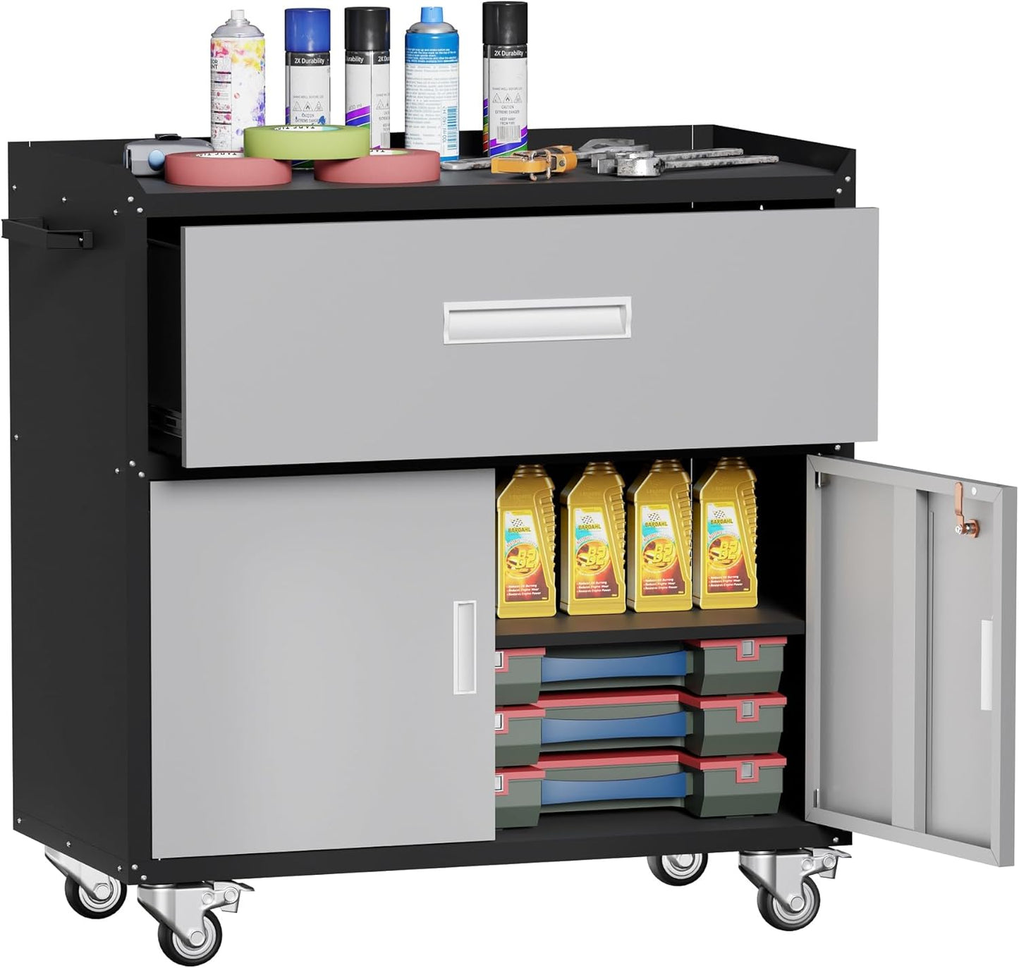 Garage Metal Storage Cabinet for Garage with Adjustable Shelves Wheels, Rolling Tool Chest, Assembly Required, Warehouse, Basement, Tool Room (Gray), Grey