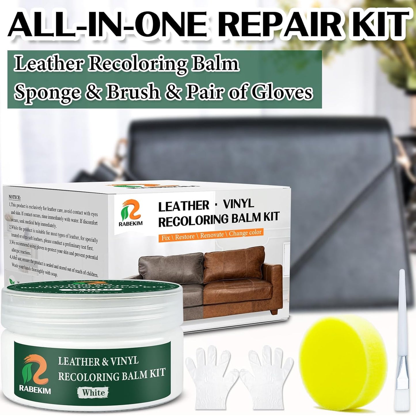 White Leather Repair Kit, Leather Recoloring Balm – Restore & Repair Faded Leather on Couches, Car Seats, Shoes & Furniture | Leather Color Restorer & Conditioner | Easy DIY Application