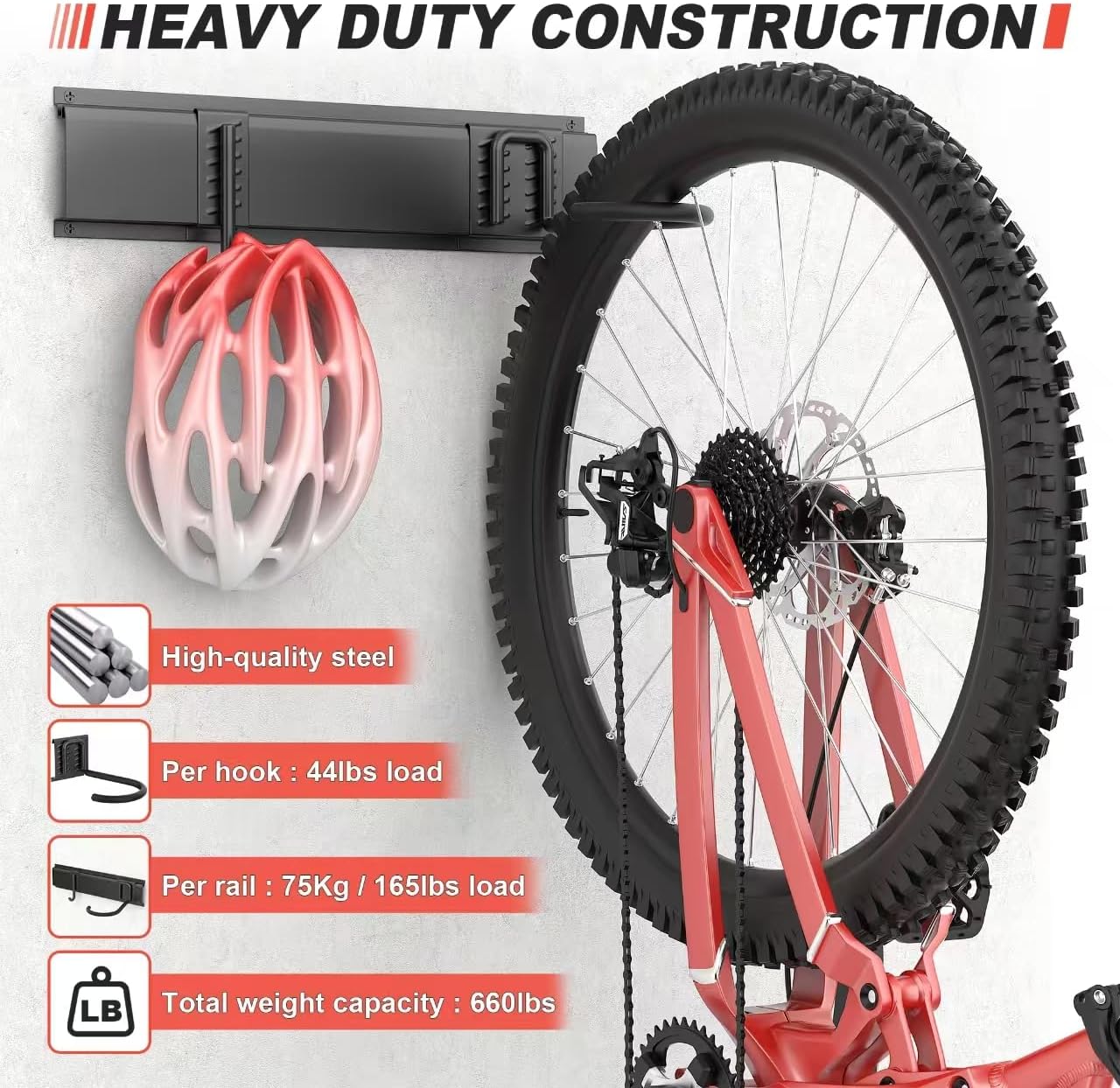 Ultrawall Bike Storage Rack, Wall Mount Bicycle Rack Vertical Bike Hanger for Garage, Home, 6 Bike Racks & 6 Helmet Hooks, Holds Up To 660lbs