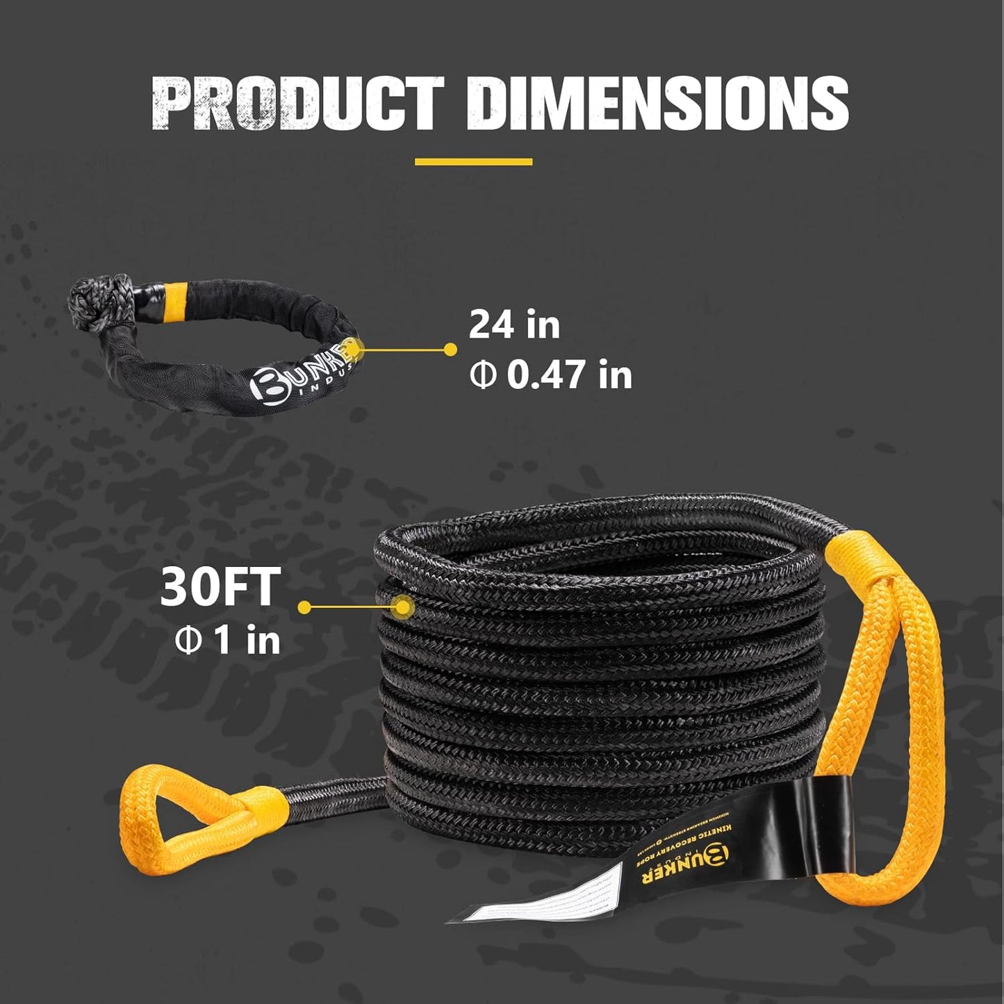 BUNKER INDUST 1"×30ft Kinetic Recovery Rope with 2 Soft Shackles Kit, Kinetic Recovery Tow Rope Snatch Strap Off Road Recovery Kit for UTV, ATV, Truck, Car, Jeep, Tractor
