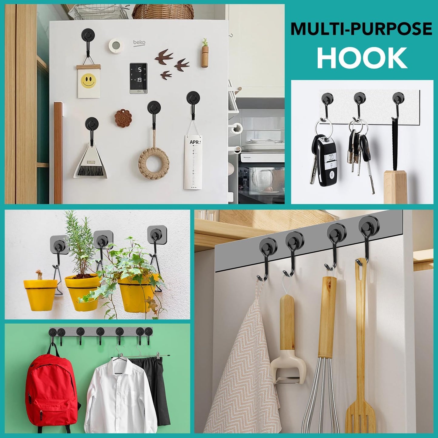 DIYMAG Black Magnetic Hooks, 40LBS Strong Magnetics Heavy Duty, Magnet Hook with Metal Hanger for Hanging Refrigerator Home Kitchen Office, 8Pack