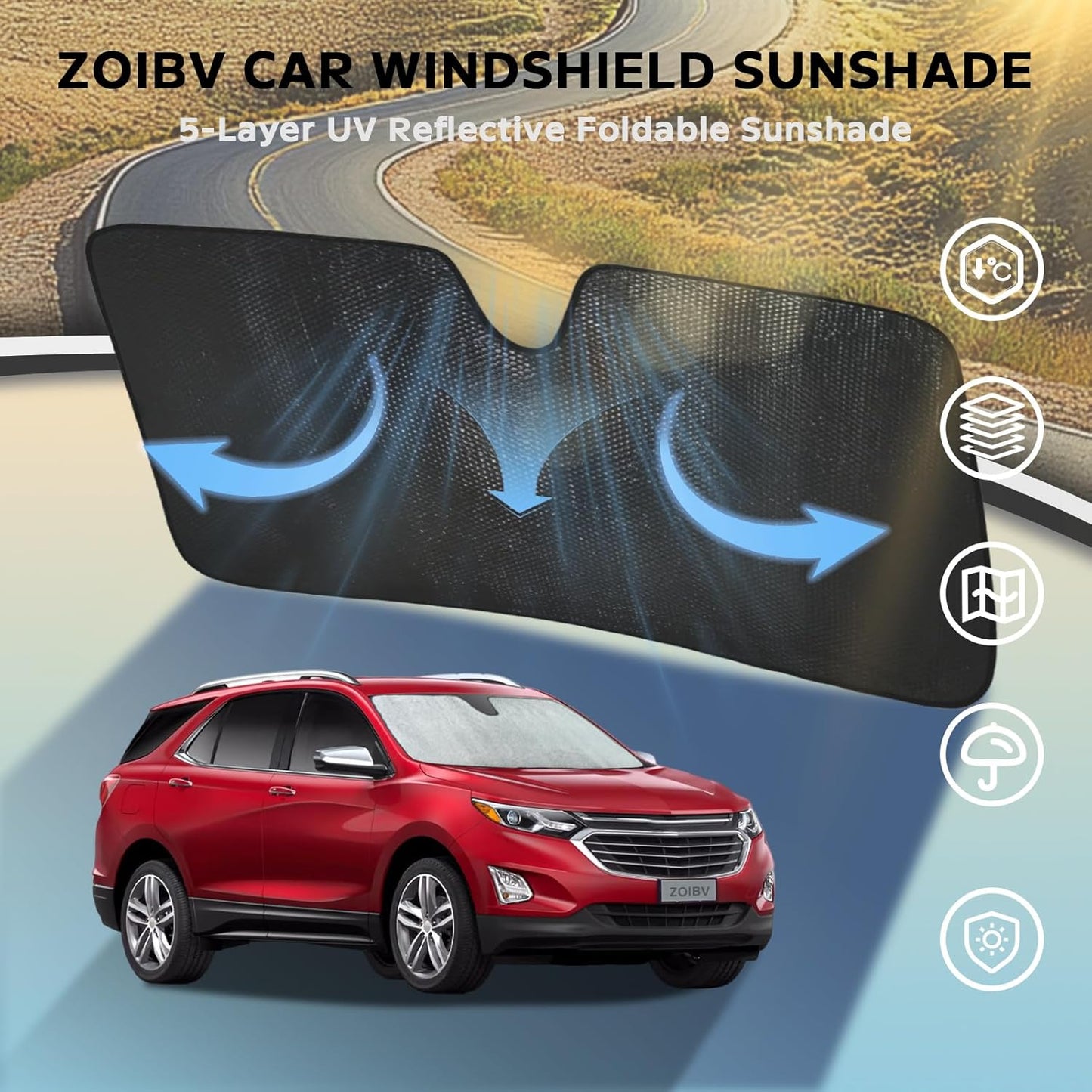 Windshield Sun Shade for Chevrolet Chevy Equinox 2018-2024 (Not for Equinox EV) - 5-Layer Bubble Foldable Front Window Shade Sun Visor Accessories - Blocks Heat & UV Rays