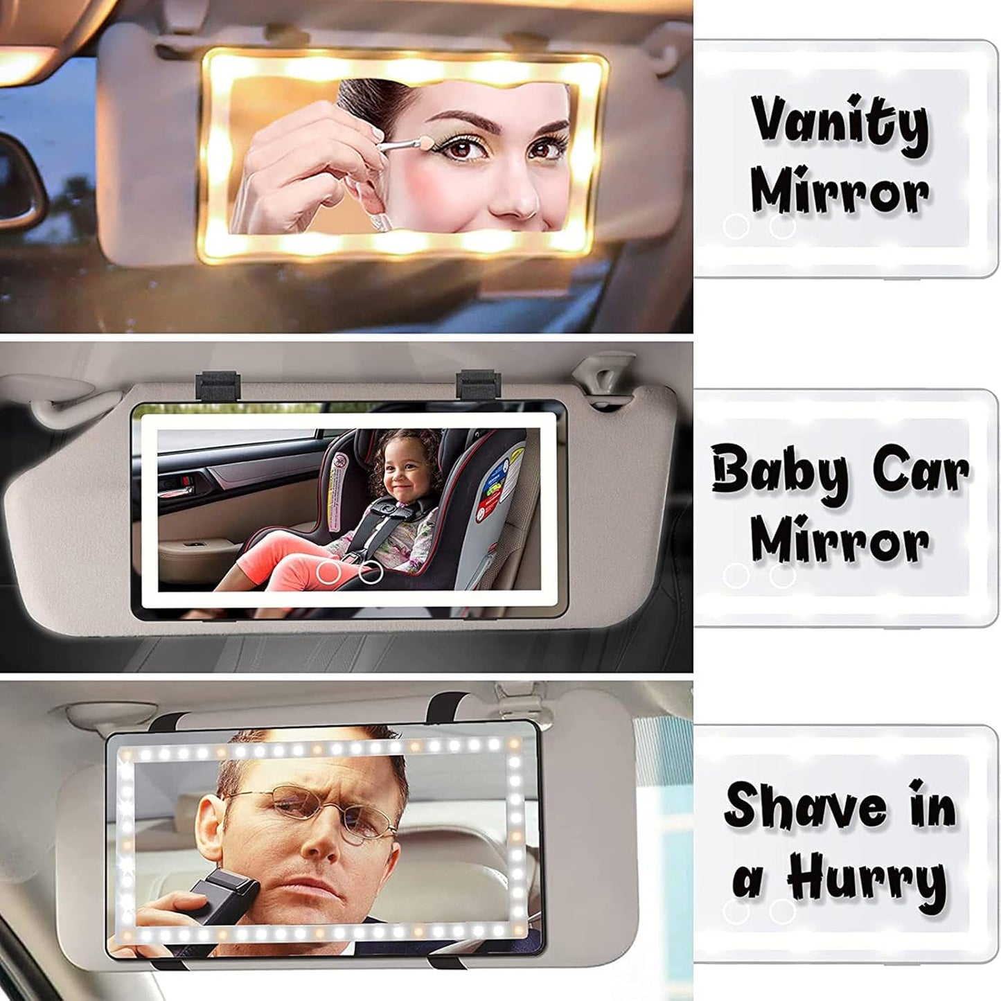 Car Visor Vanity Mirror with Rechargeable LED Lights, 3 Light Modes & Dimmable Touch Screen, Light Up Big Passenger Car Mirror Accessories for Women Girl, Universal for Truck SUV, Black