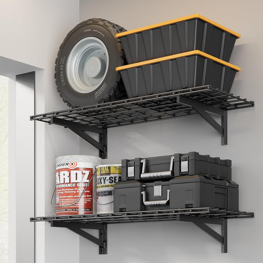 2 Pack Heavy Duty Garage Wall Shelving Set (1.5x4ft), Wall Mounted Garage Shelves 500lbs Capacity, 18"x48" Shelf Storage Rack Floating Shelves, Black