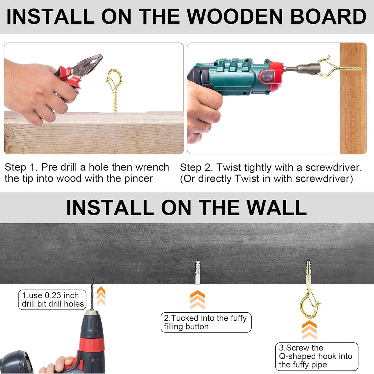 48 PCS Q-Hanger Hooks, Screw Hooks for Outdoor String Lights, Safety Buckle Design Cup Eye Hook for Hanging Christmas Lights, Plants, Mounted on Wall Ceiling, Include 1 Wing Nut Driver, Gold